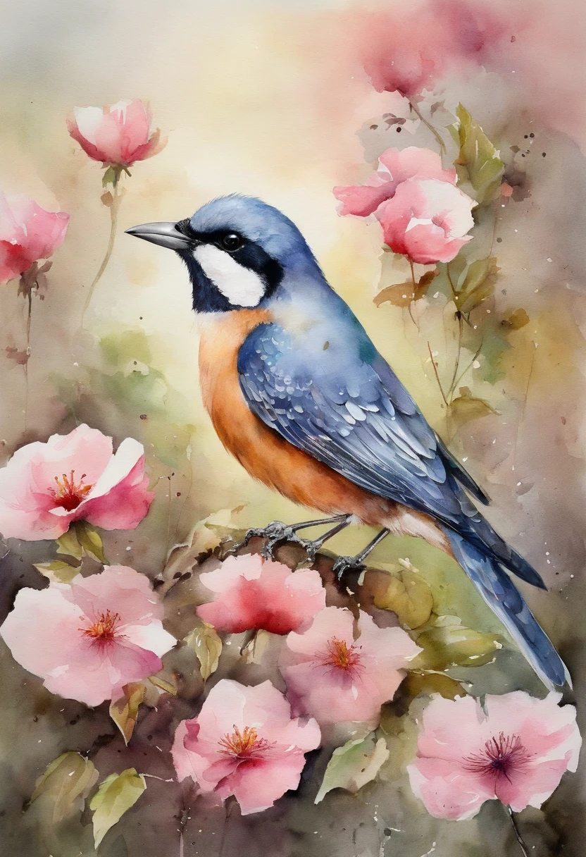The bird remains a pink flower，Take pollen，Colors are eye-catching，sharp, Masterpiece,
