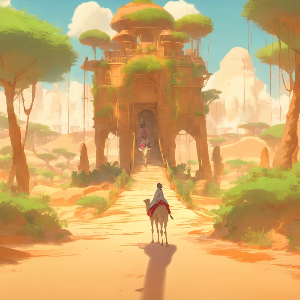 anterior near view of Anime Girl riding on a camel A large desert, A lonely day, Fantasy treehouse, The desert was full of small lakes, , afternoon , Plants , Soft light through the design