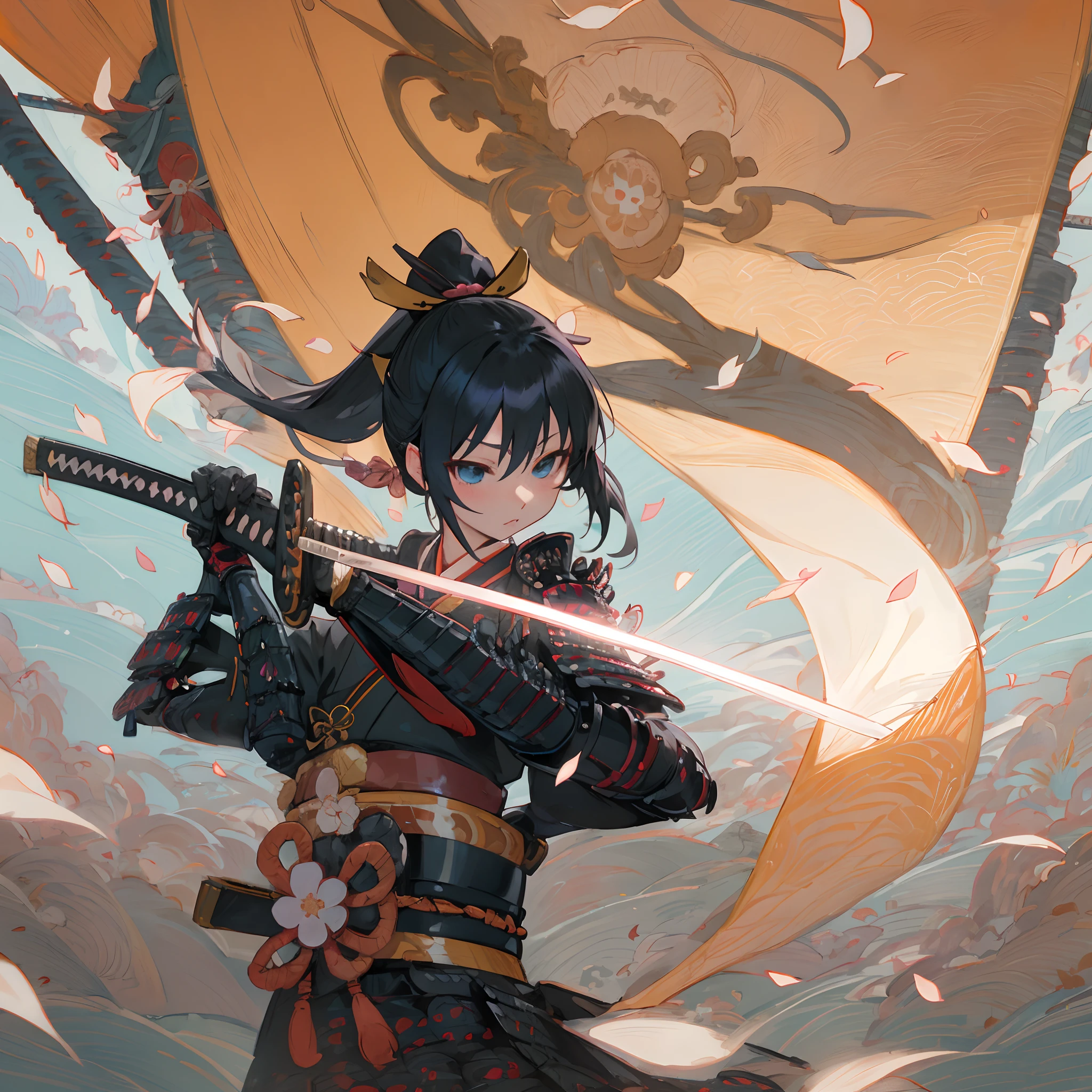 Japanimation,
(((eroge))),
Japanese scene, Japanese composition,
1female,solo,illustration,
cinematic composition,delicate composition,dynamic angle,
perfect anatomy,full body,
shrine,petals,
black hair,ponytail,blue eyes,
samurai,(Japanese armor,kusazuri,dou,kote:1.3),
weapon,katana,Blade,holding katana aimed at oppenent,
an extremely beautiful lady holds the hilt of a sword with both hands,
1 handguard,
1 katana,
black eyes,
an extremely detailed katana