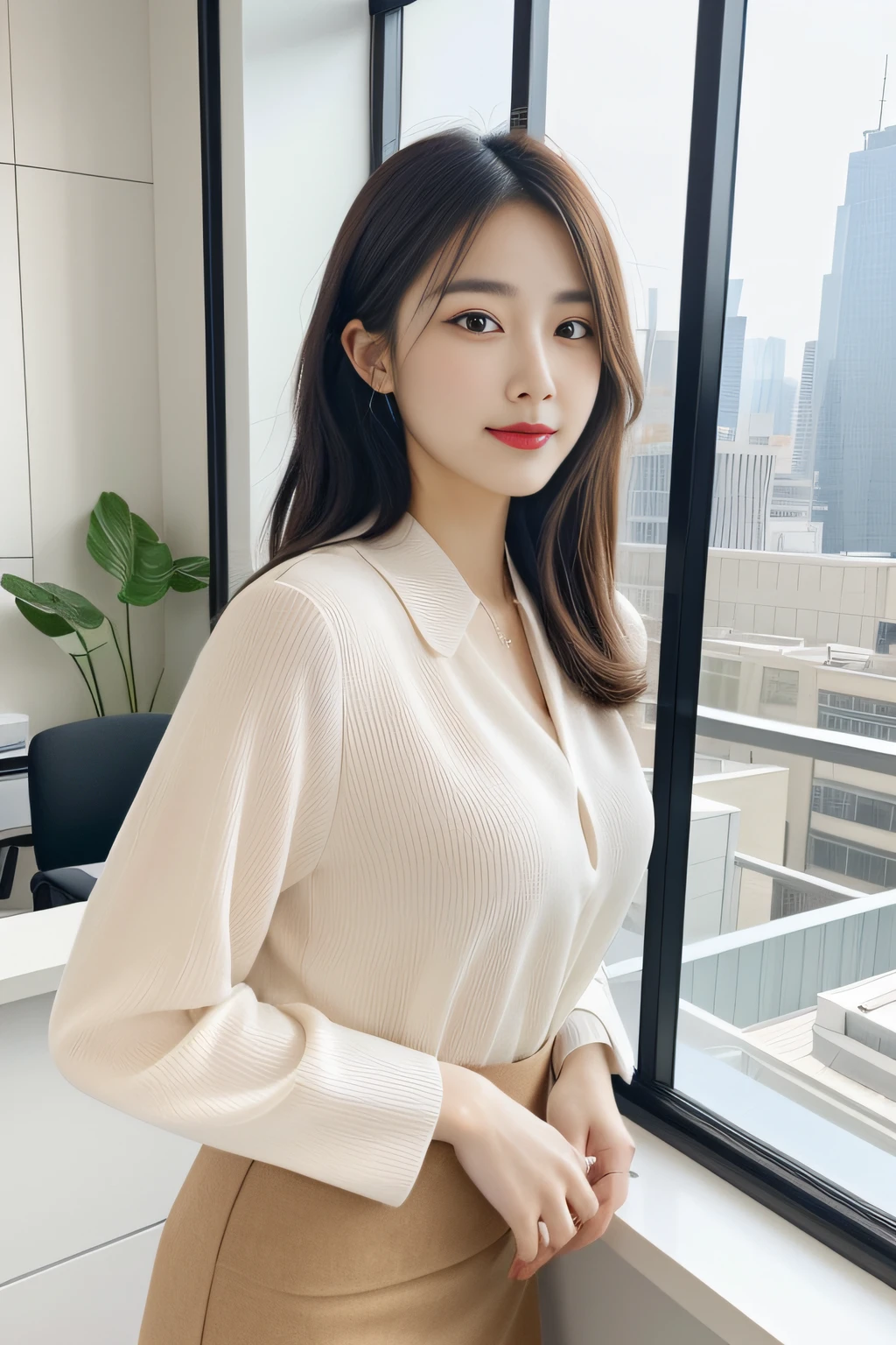 Women in skirts and blouses, working in an office, Take a look at MacBook, Female Boss, Modern office interior, Wide windows, City view, Smooth white tight clothes suit, Gorgeous young Korean woman, wearing an elegant outfit, Elegant clothes, beautiful Korean women, elegant slim beige shirt, Korean Woman, Korean Girl, white trendy clothes, Beautiful young Korean woman, gorgeous woman, (hyper realisitic), (Illustration), (High resolution), (8K), (Extremely detailed), (Best Illustration), (Beautiful detailed eyes), (Best Quality), (Ultra-detailed), (masutepiece), (Wallpaper), (Detailed face)