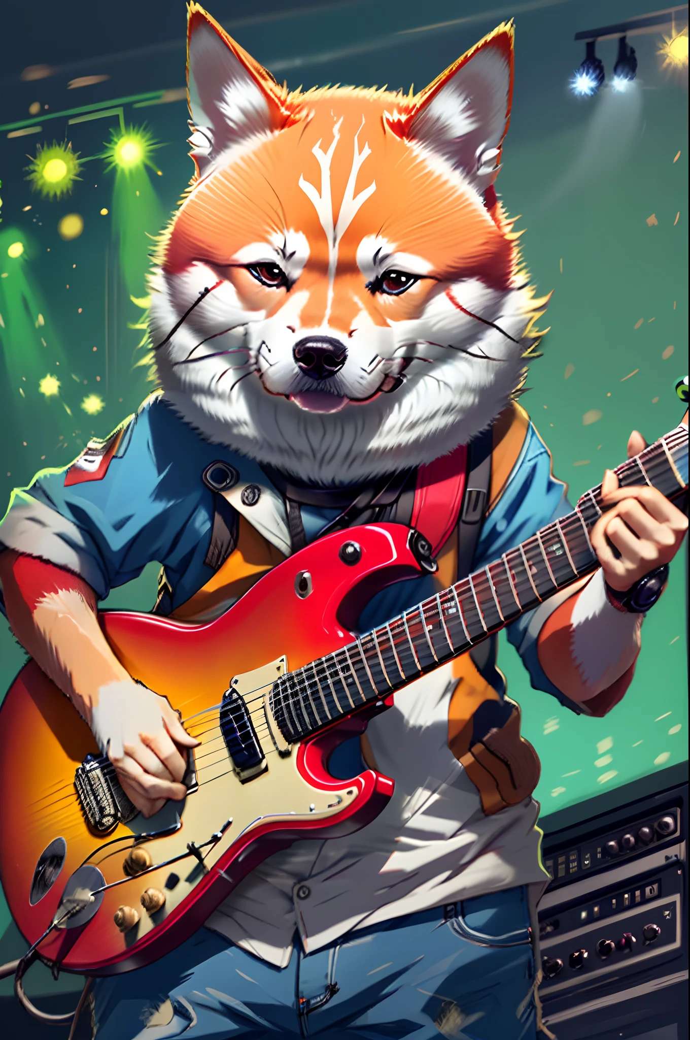 Akita Inu playing electric guitar