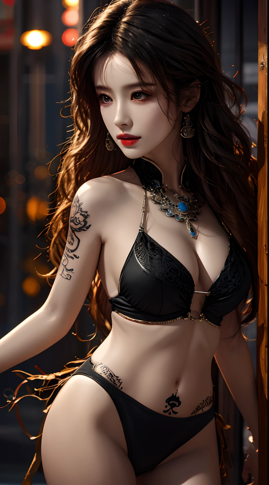 photorealistic, high resolution, 1women, solo, hips up, jewelry, tattoo, wavy hair, shanfu