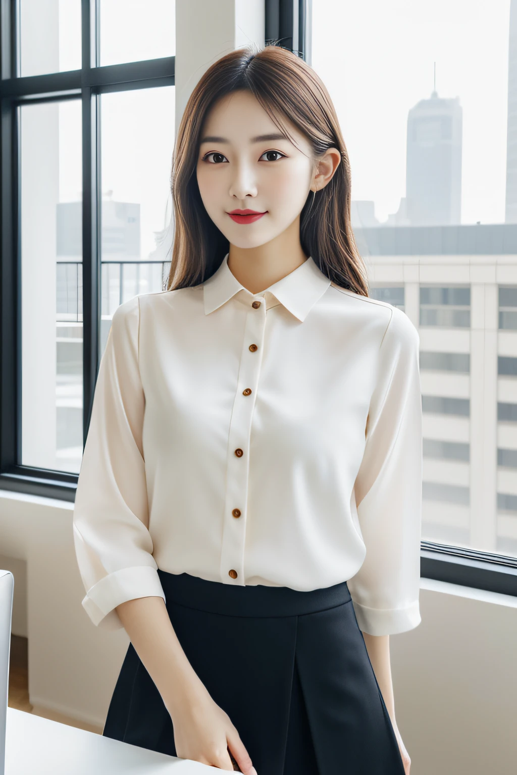 Women in skirts and blouses, working in an office, Take a look at MacBook, Female Boss, Modern office interior, Wide windows, City view, Smooth white tight clothes suit, Gorgeous young Korean woman, wearing an elegant outfit, Elegant clothes, beautiful Korean women, elegant slim beige shirt, Korean Woman, Korean Girl, white trendy clothes, Beautiful young Korean woman, gorgeous woman, (hyper realisitic), (Illustration), (High resolution), (8K), (Extremely detailed), (Best Illustration), (Beautiful detailed eyes), (Best Quality), (Ultra-detailed), (masutepiece), (Wallpaper), (Detailed face)