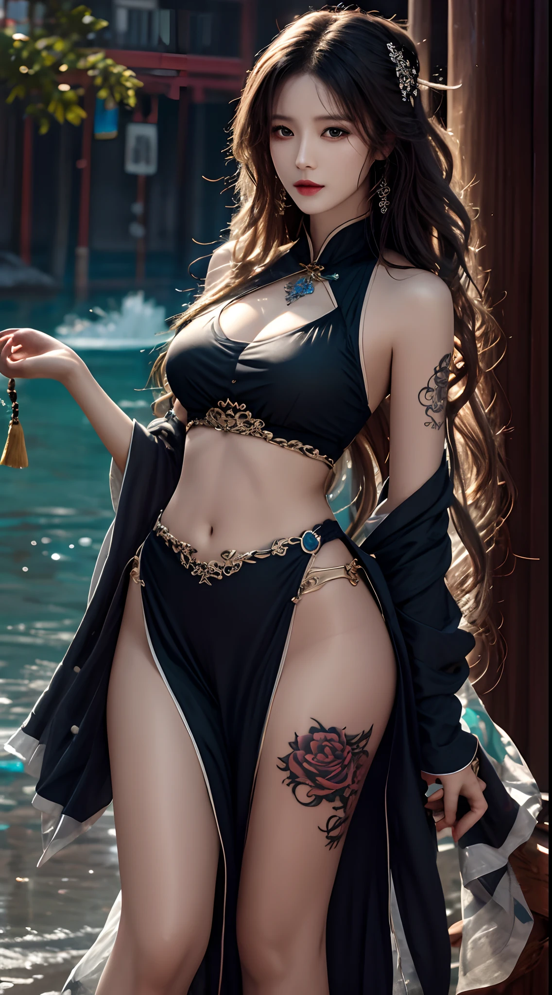 photorealistic, high resolution, 1women, solo, hips up, jewelry, tattoo, wavy hair, shanfu