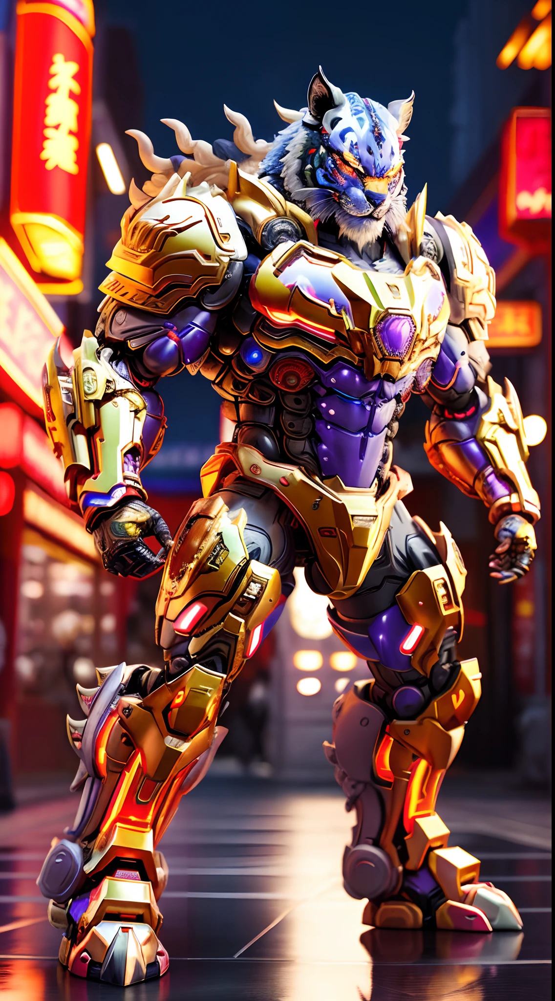 CHINESE TIGER KING, RAINBOW COLORED, HETEROCHROMIA EYE, MECHA HEAVY ARMOR, TRANSPARANT, MUSCLE BODY.