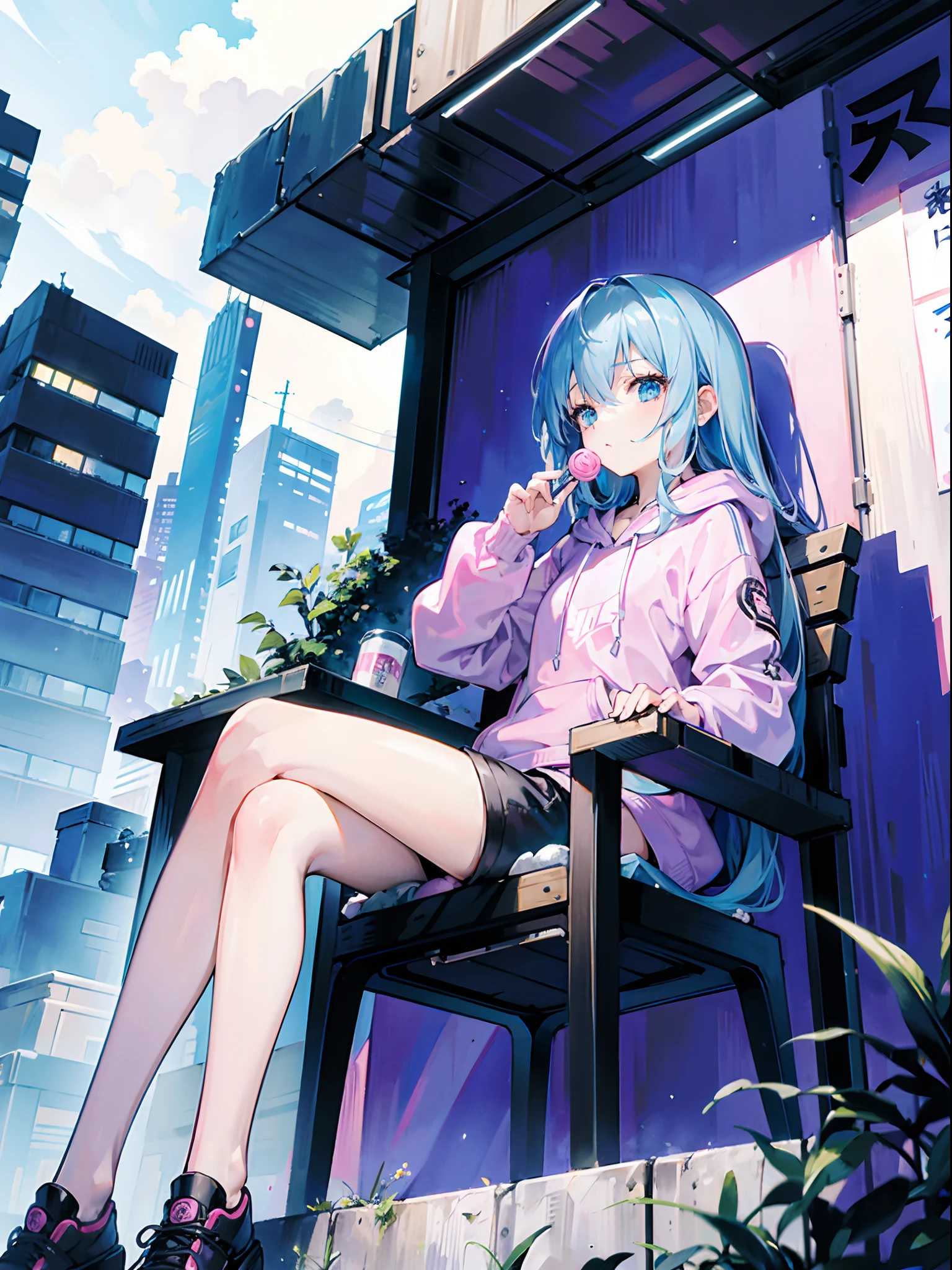 ((masutepiece)), ((Best Quality)), from below looking up, one girls, blue hairs, The long-haired, Black and pink hoodie, Black shorts, Futuristic city, outside of house, a girl sitting on a chair, Resting your elbows on the armrests of the chair, cross one's legs, Eating candy, Ultra-delicate, delicate illustration, Delicate use of colors