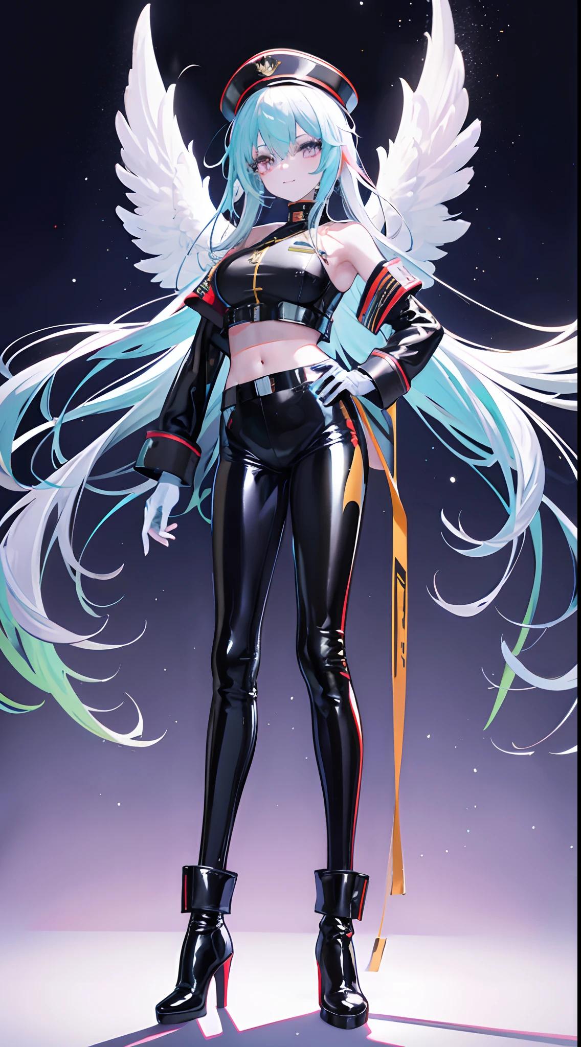 Full body like，Solo，ssmile，Long colorful fluorescent hair，idol clothes，angelicales，German military uniform，Latex boots，latex glove，White skin，Expose the armpits，exposing your navel，Colored eyes and nails，Crossed waist with one hand，stand posture，Blank background，simplebackground