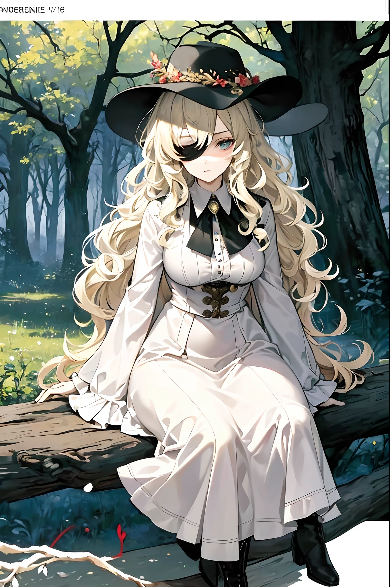 masterpiece,(bestquality),highlydetailed,ultra-detailed,cold,solo,(1girl),(alluring),(maturefemale),(milf),(mature),(blondehair),(wavyhairwithbigcurls),(longhair),(amplebosom),(blindfolded),(Frenchwoman),(artistname),(baretree),(branch),(copytrightname),detailedeyes, deepexpression, (curlyhair), (forest), (hat), (nature), (tree), (whitehair)