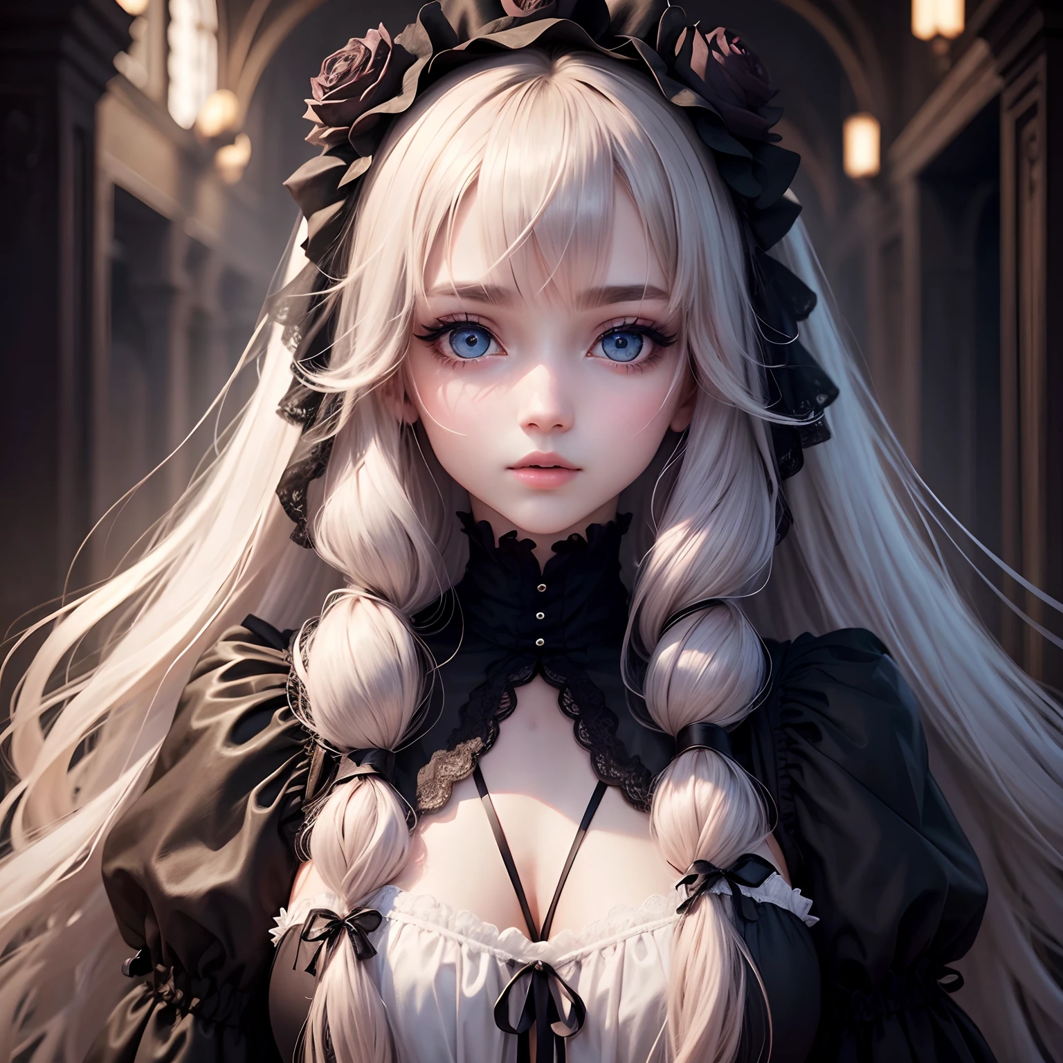 (Loose and fluffy long hair,)(a beauty girl,)(Delicat eyes,)(Delicate eyes,)(Gothic fashion,)(Best Quality,)(top-quality,)