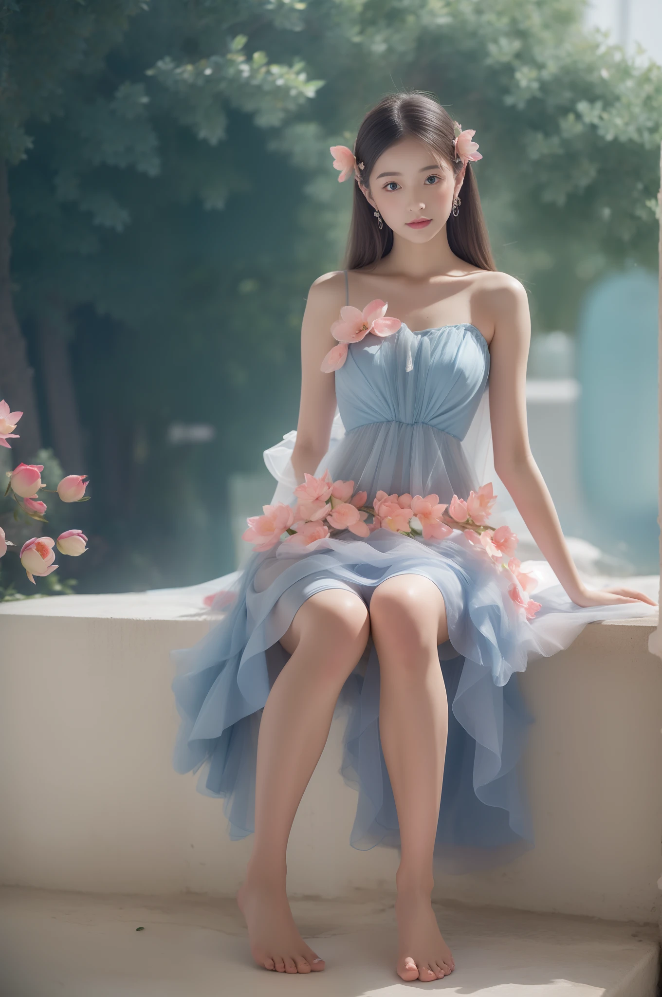 Peach Blossom Island,Fairy fluttering skirt beauty,Blue-gray light gauze dress,a pair of long, Moist, Well-proportioned legs are exposed,Beautiful lotus feet