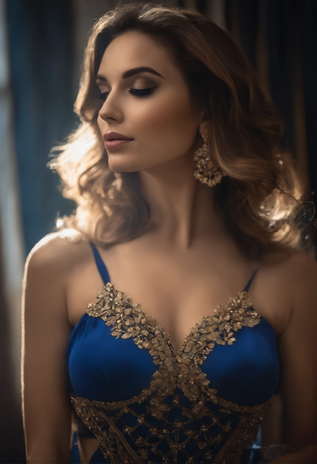 profesional, (Foto 4k:1.1), (foco nítido:1.3), High detail, Vistiendo (Camisa ajustada:1.2), Hermosa cara detallada, ojos azules, cabello largo y negro, (Mujer joven atractiva:1.3), (seductor:1.1), (ruboroso:1.1), Forma del cuerpo con curvas, senos naturales, caderas anchas, Antecedentes del club nocturno, sexy , grandes bustos