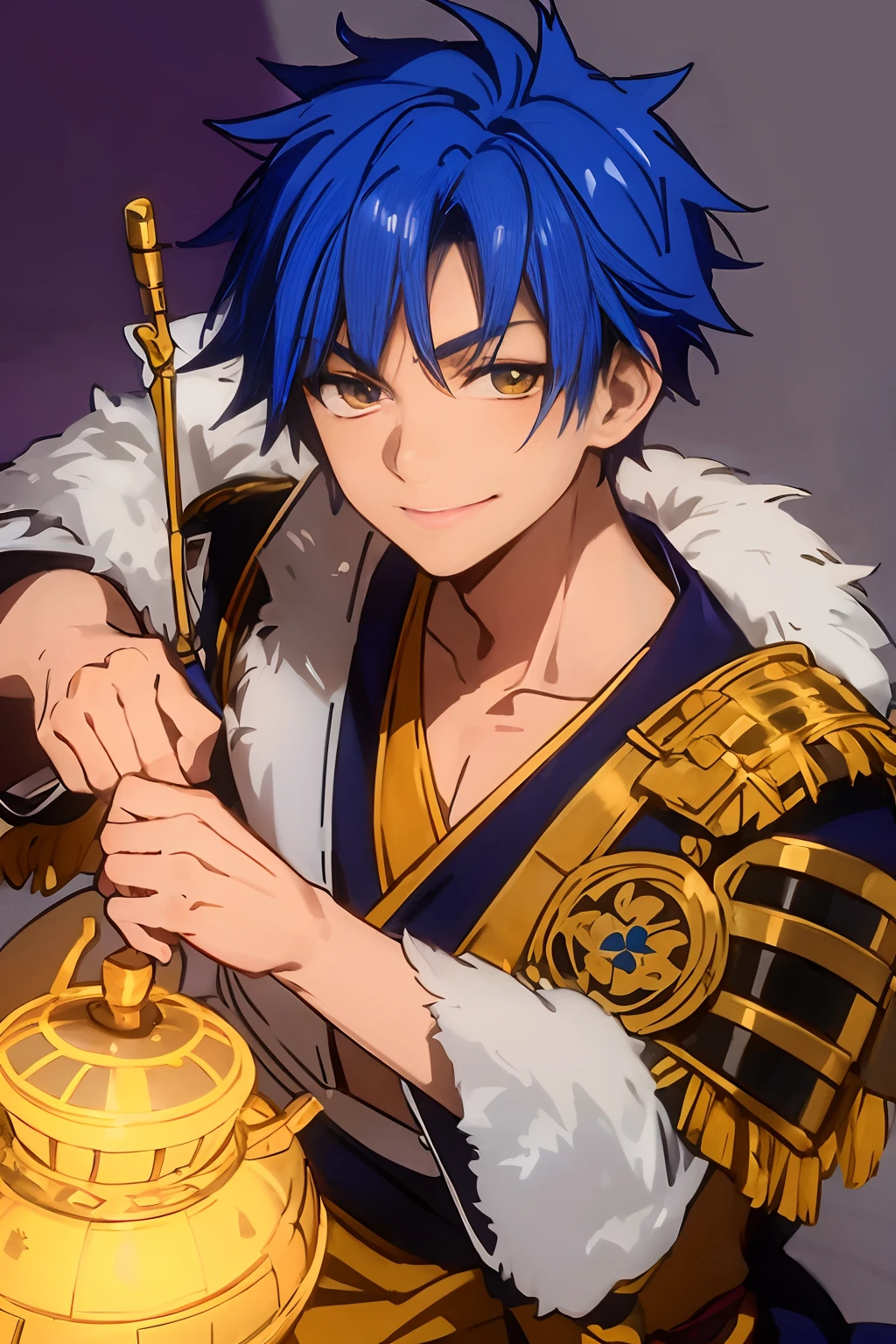 masterpiece, best quality, naotora takeda, 1boy, solo, spiky hair, short hair, blue hair, scar face, fore head, yellow eyes, sidelocks, navy kimono, japanese clothes, blue armor, smile face