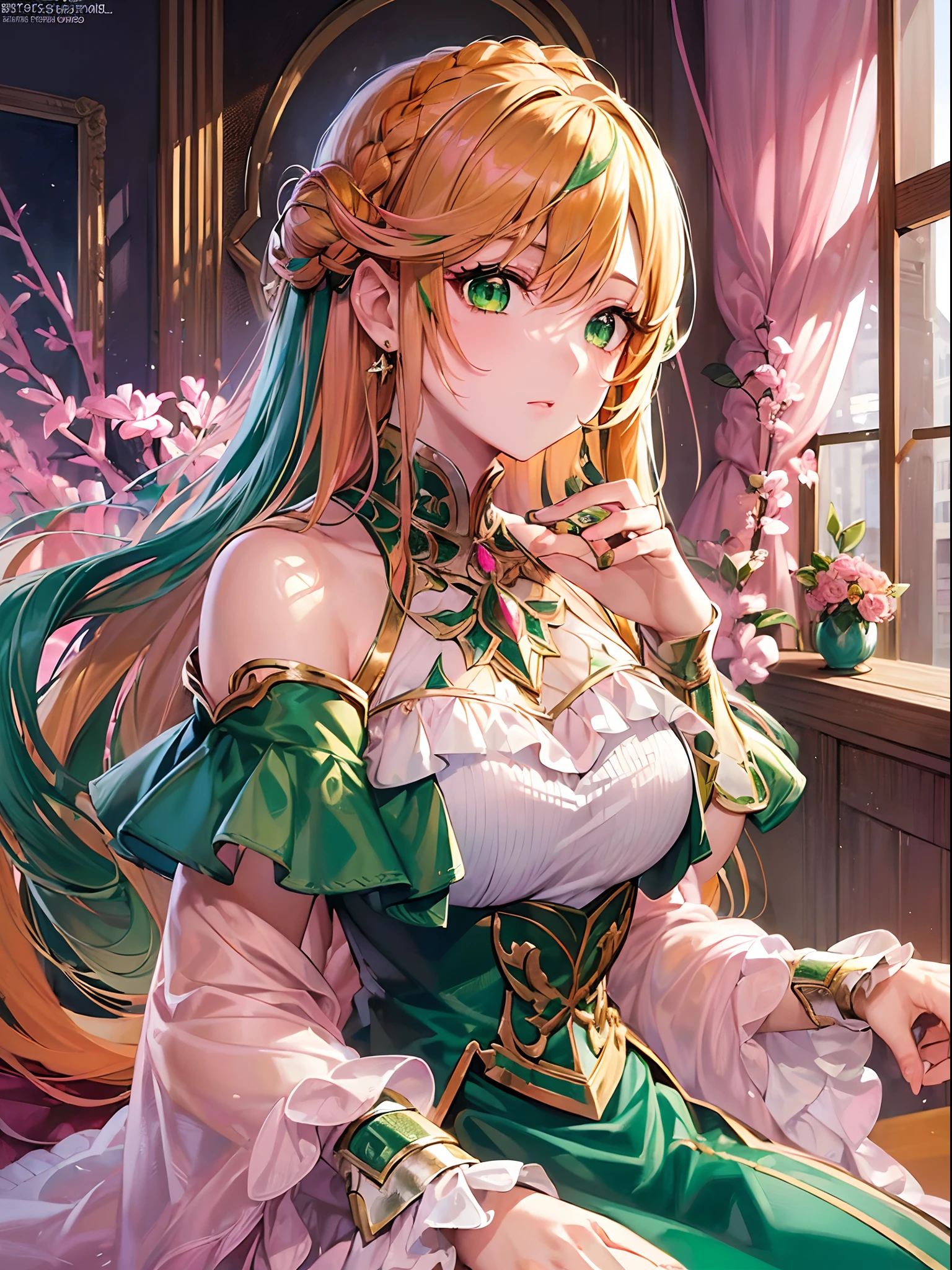 ((Finest quality)),(超A high resolution),(ultra-detailliert),(Meticulous portrayal),((Best Anime)),(Finest works of art),sharpnes,Clair, (Female knight),braided blond hair:1.3,(Emerald green eyes:1.5),(Shining silver armor embedded with gemstones), (Aristocratic girls),Brunette Longhair:1.5,(Orange Eyes:1.5),(Pink off-the-shoulder dress:1.5)