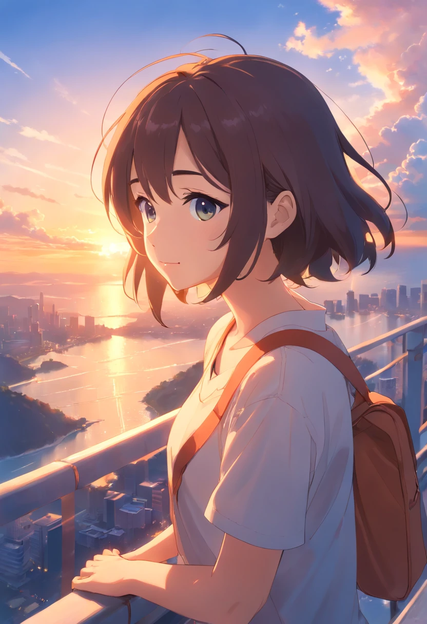 ​masterpiece、top-quality、Movie stills、1girl、garl、floating in sky、a closeup、发光、happiness、Warm soft lighting、the setting sun、(Spark:0.7)