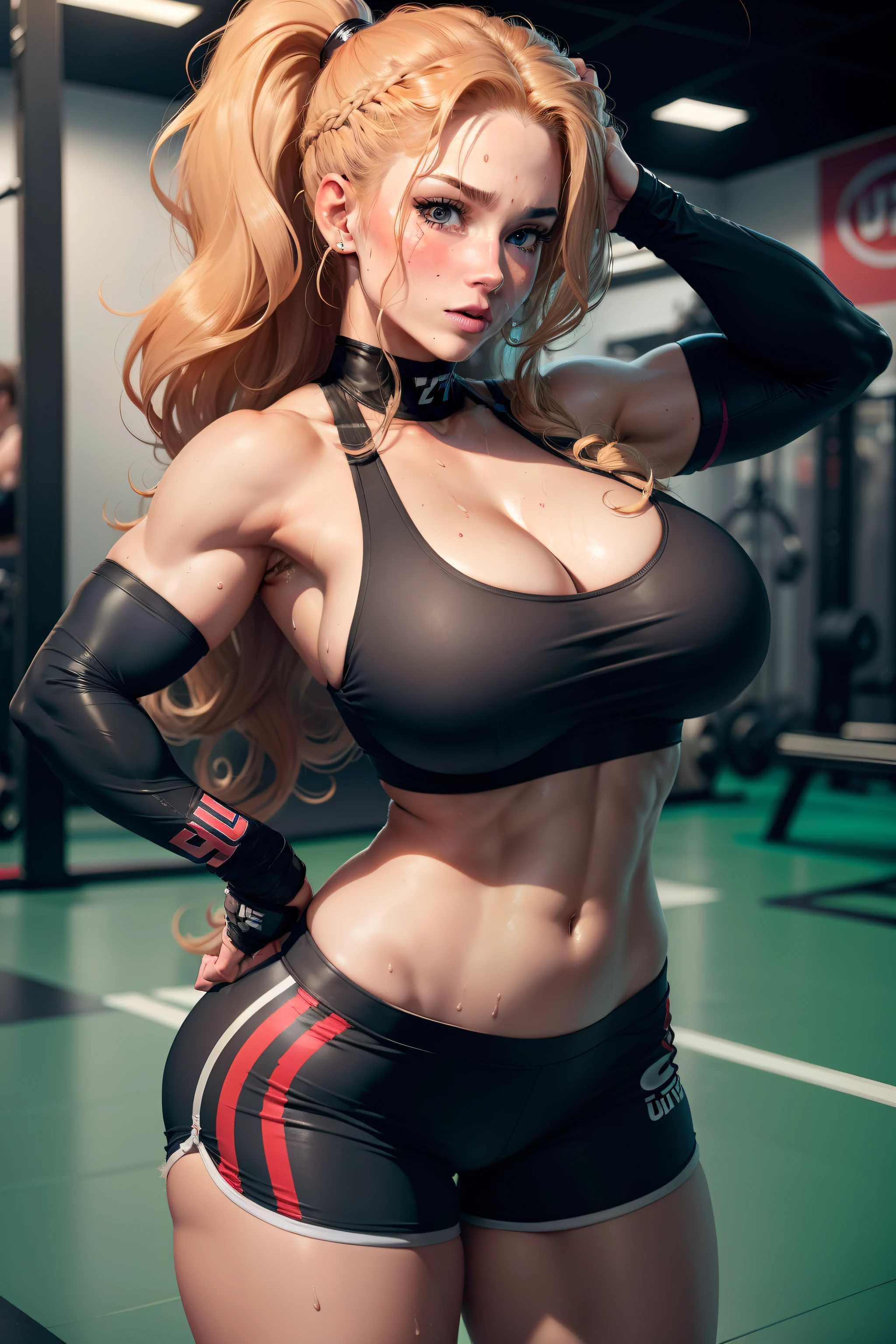 sexy busty muscle UFC fighter girl in tight shorts, tight sports bra and UFC gloves, She has long curly blond hair and is sweating heavily. she is posing in the center of a UFC gym, big boobs, big ass