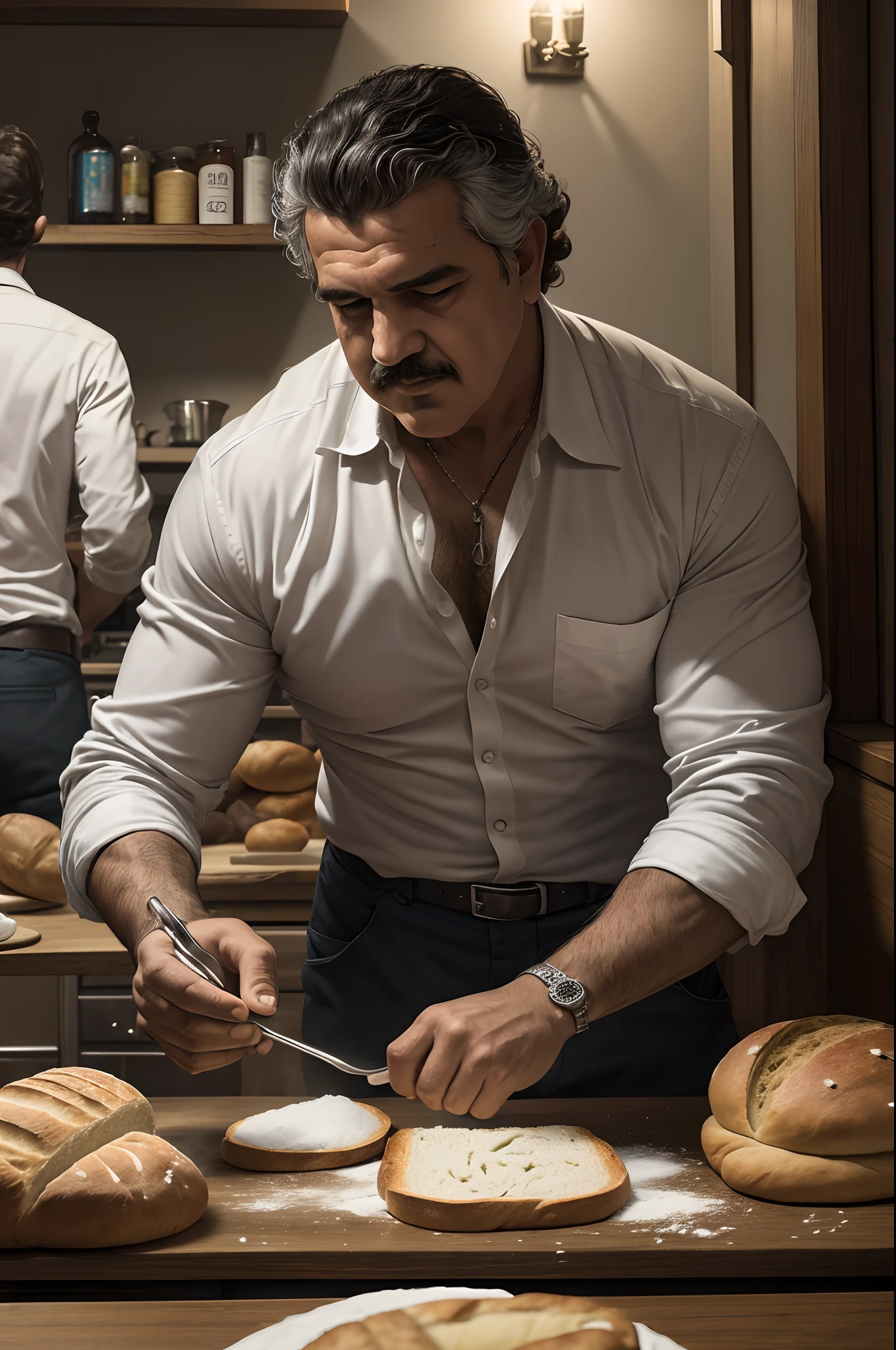 (8K, Award-winning, Highest Quality, High resolution, Ultra-detailed, Anatomically correct, Intricate details), Drug trafficker Pablo Escobar makes bread, baking powder, (White powder: 1.1), Knead bread , Kneaded dough, blend, Gangsters that cause hallucinations, laughing out loud, Gangster diet, (Gang eating bread around a table: 1.1), (Bread laced with medicine: 1.2), Getting drunk, getting , Go crazy, Gangsters dancing in underwear, Performing capricious acts