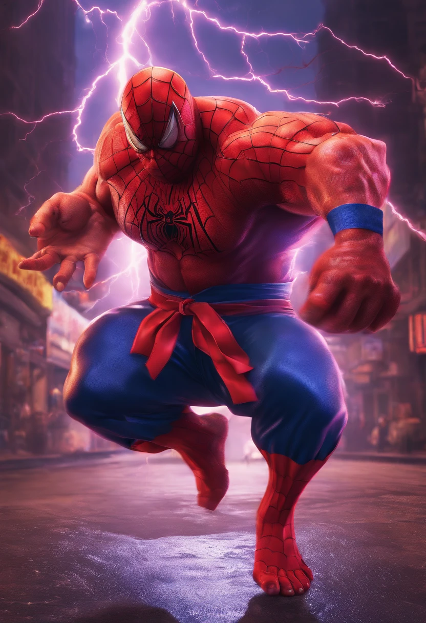 realistic 3d rendering of fat obesity spiderman, surrounded by lightning, big muscular, full body photography, hyperrealistic