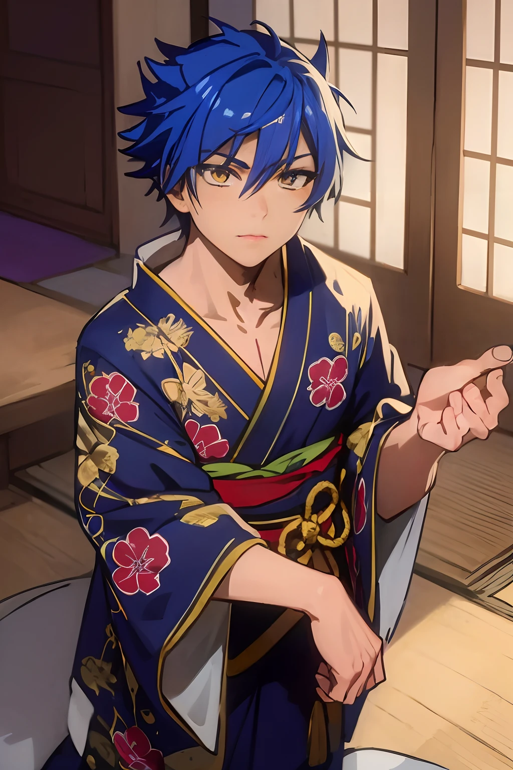 masterpiece, best quality, naotora takeda, 1boy, solo, spiky hair, short hair, blue hair, scar face, fore head, yellow eyes, sidelocks, navy kimono, japanese clothes, blue armor, smile face