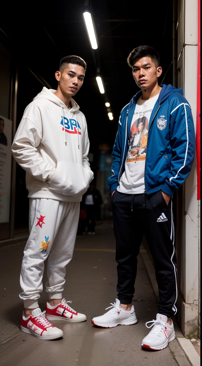 Capture a dynamic portrait where the two Malay men are transformed into modern-day wizards, wearing sneakers that grant them the power to manipulate the urban landscape with magical graffiti and street art.