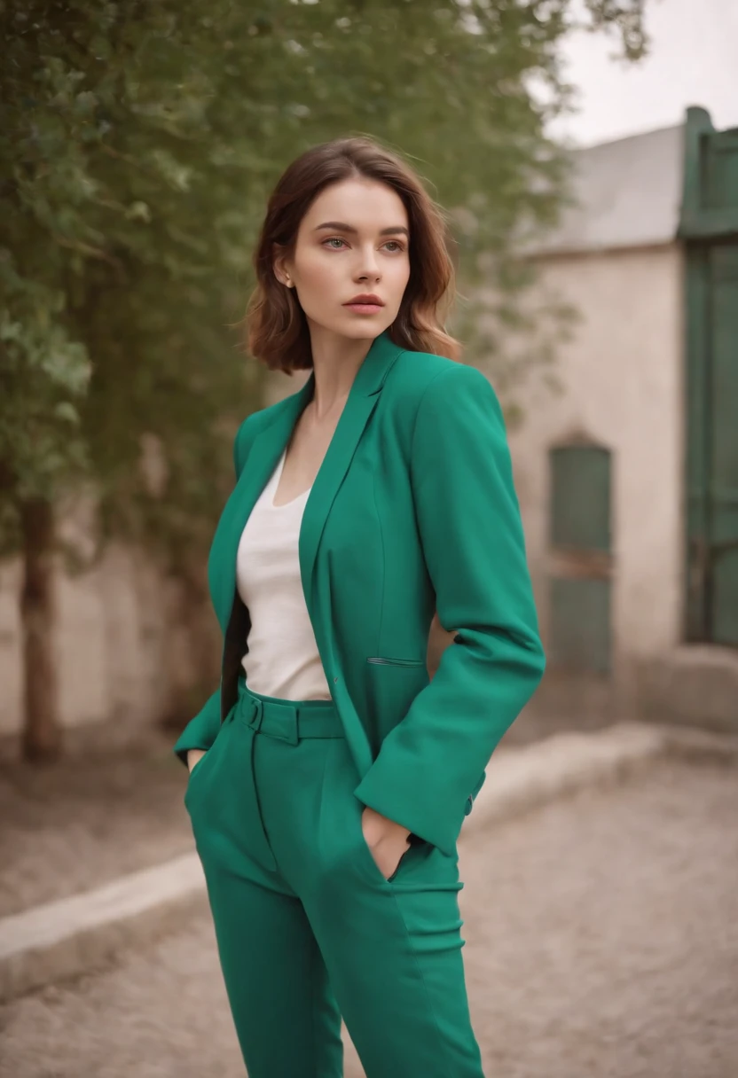 a young woman wearing a blue jacket and green pants, in the style of color-blocked shapes, inna mosina, voluminous forms, new american color photography, heatwave,elongated,(upper body)