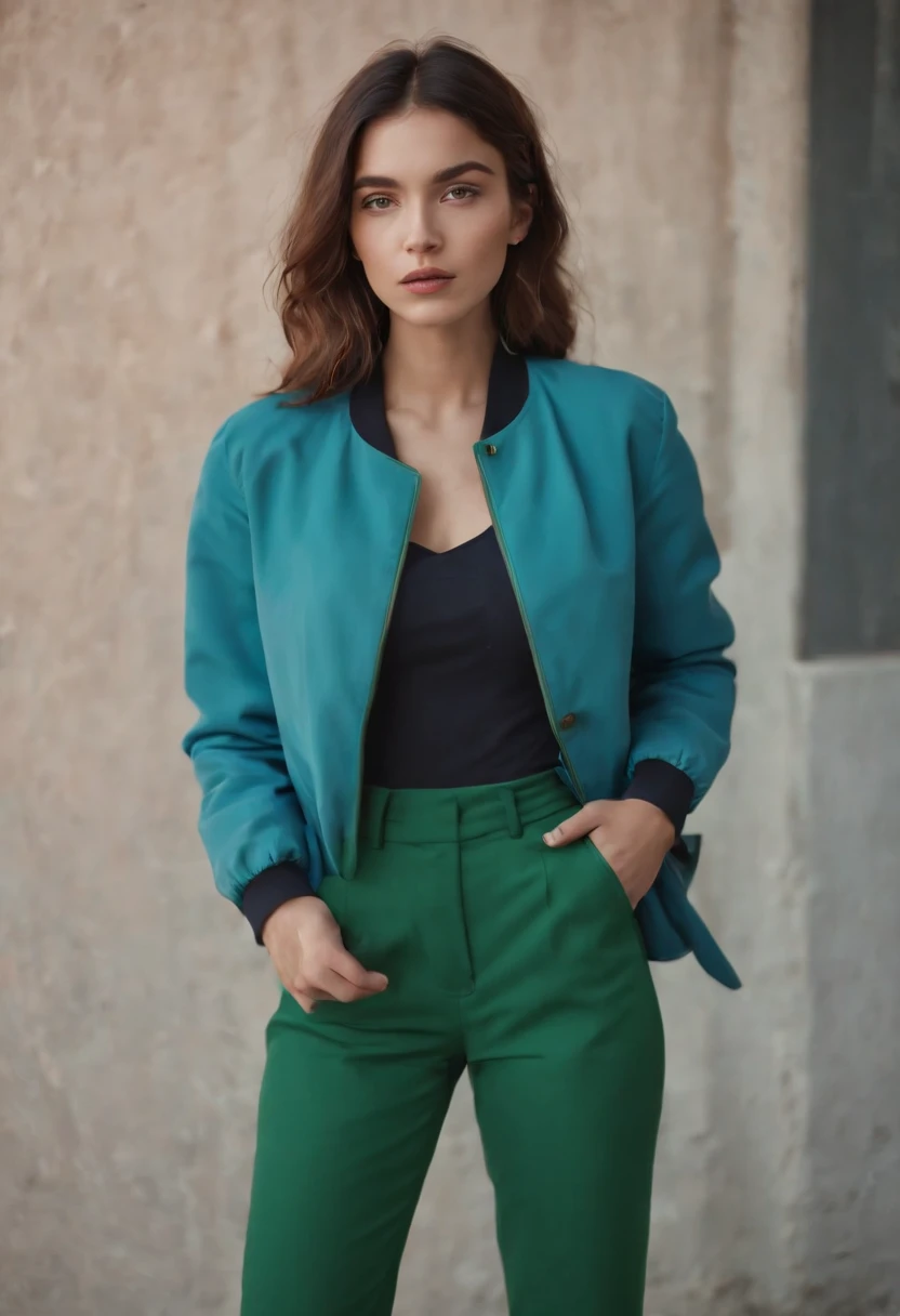 a young woman wearing a blue jacket and green pants, in the style of color-blocked shapes, inna mosina, voluminous forms, new american color photography, heatwave,elongated,(upper body)