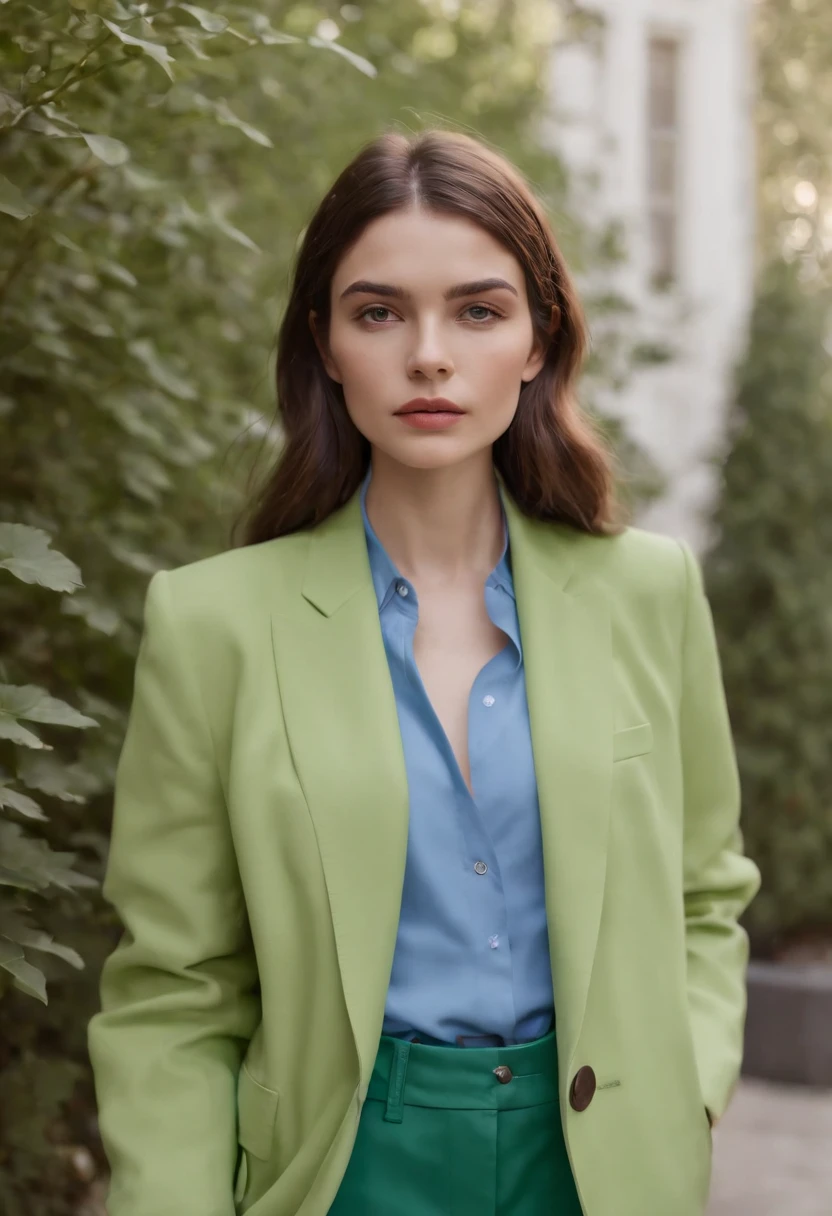 a young woman wearing a blue jacket and green pants, in the style of color-blocked shapes, inna mosina, voluminous forms, new american color photography, heatwave,elongated,(upper body)