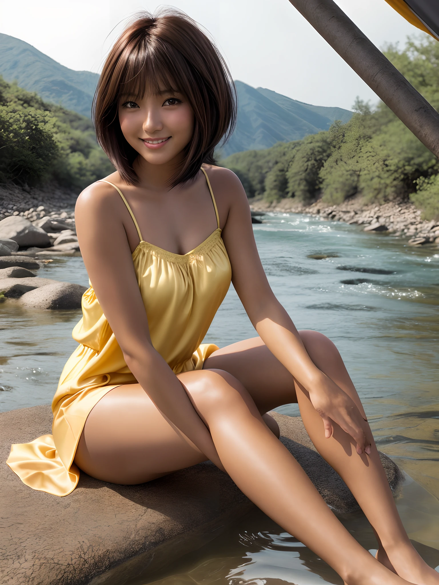 product quality, 1 girl, a cowboy shot, front view, a Japanese young pretty girl, bob hair, glamorous figure, wearing a satin yellow camisole, wearing short pants, sitting in a tent by a river with a big smile, hyper cute face, glossy lips, double eyelids for both eyes, natural makeup, shiny smooth light brown bob hair, asymmetrical bangs, tanned skin, central image, high resolution, high detailing, detailed hairstyle, detailed face, cinematic lighting, octane rendering, vibrant, hyper realisitic, perfect limbs, perfect anatomy