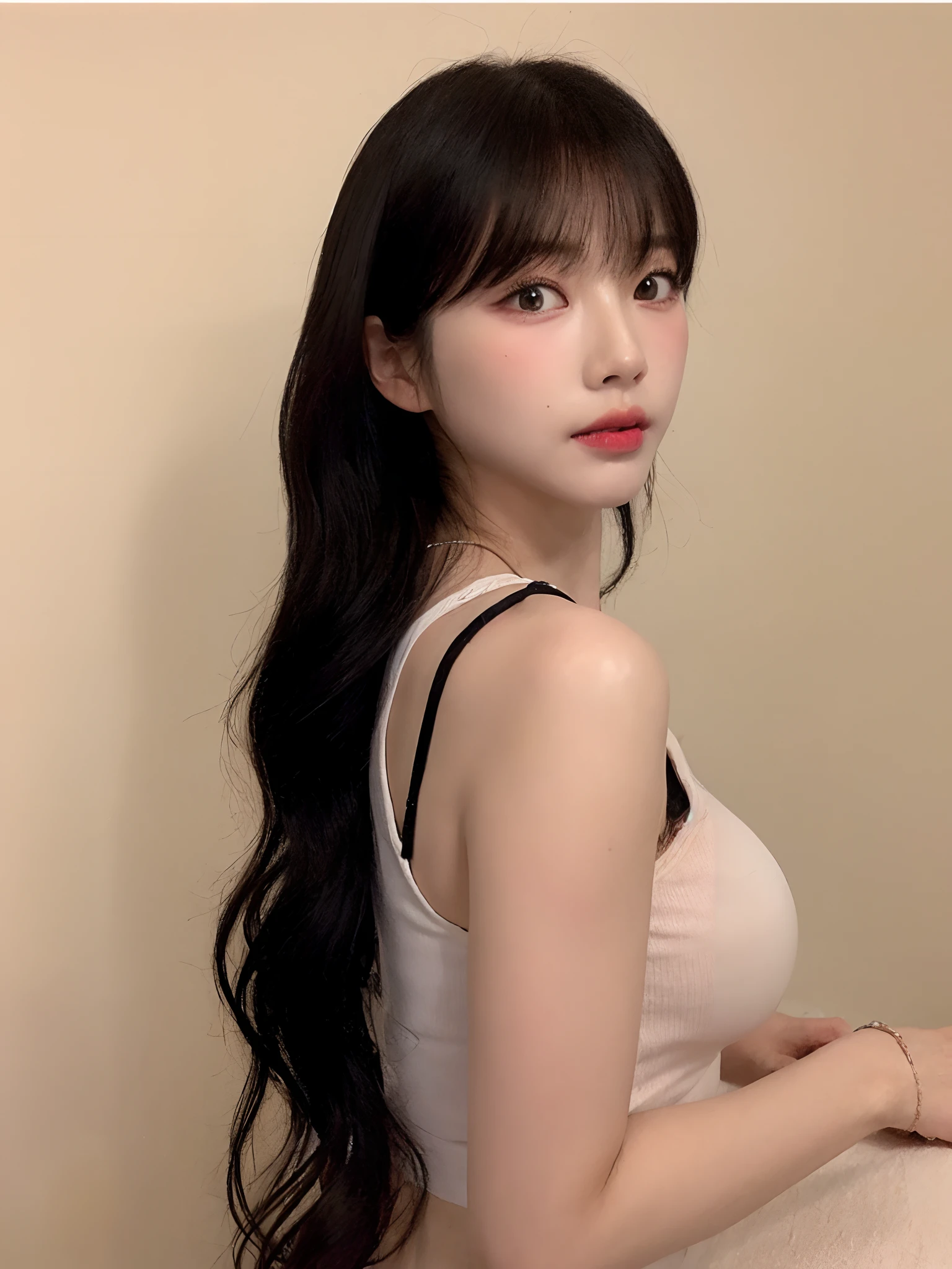 ((of the highest quality, 8K, masutepiece: 1.3)), Beauty, Hidden Face, 1 girl, Beauty: 1.3, Slender Abs: 1.1, Long Black Hair, (sitting on a bed), Ultra-detailed face, very detailed lips, Detailed eyes, Double eyelids,flushed complexion,