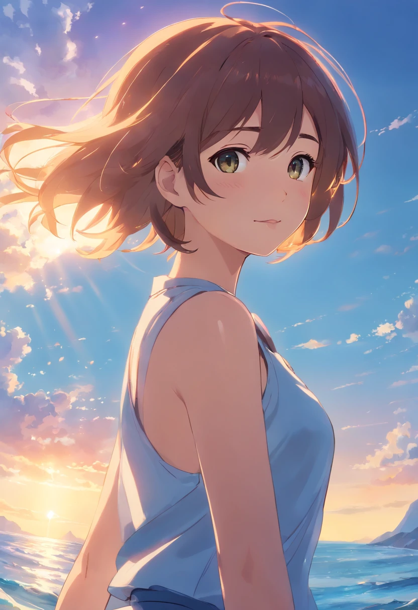 masterpiece、top-quality、Movie stills、1girl in、Sea Girl、floating in sky、a closeup、发光、Happiness、Warm and soft lighting、the morning sun、(Spark:0.7)