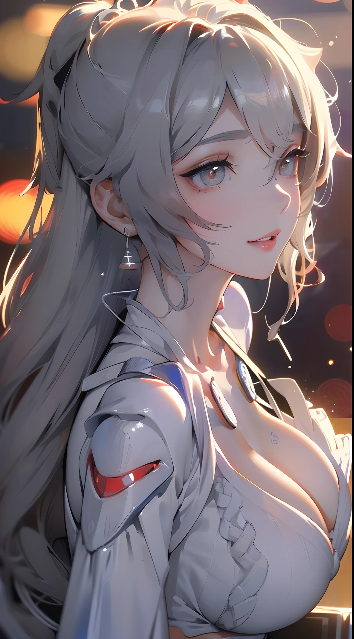 (Best Quality, 8k, 32k, Masterpiece, UHD:1.3), (Photo of Attractive Japanese Woman), ((1 Girl)), ((moderate Boobs)), Abs, Perfect Body, Ultra Detailed Face, Detailed Lips, Fine Eyes, double eyelids,, (seductive), ((aroused:1.5)), ((in heat)), ((milf)) sexy girl, beautiful girl, jaw-dropping beauty, (silver long hair:1.2)),  scifi woman, in (white sweaters), ((close up to face and breast)), smiling beautifully, in mecha cockpit, sunlight illuminated her beautiful face, fox ears,