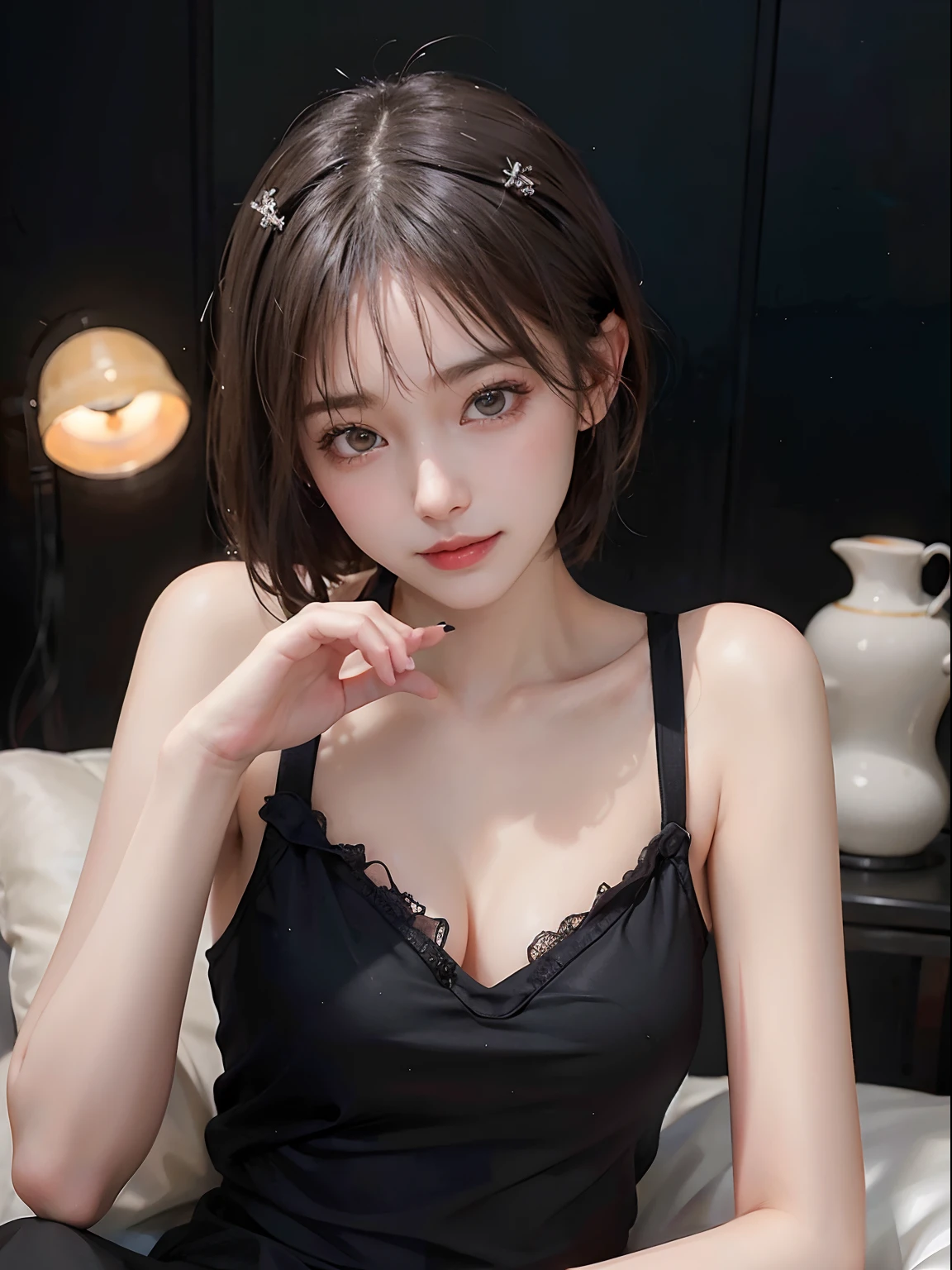 (Raw photography:1.2)、top-quality、a beautiful detailed girl、A smile、short-haired、extremely detailed eye and face、beatiful detailed eyes、huge filesize、hight resolution、8k wallpaper、finely detail、Highly detailed ticker uniform 8K wallpaper、Light on the Face、电影灯光、-yeld giCute poses、(photorealisim:1.4)、Human、super detailing、A sexy、Black clothes、Tank Tops