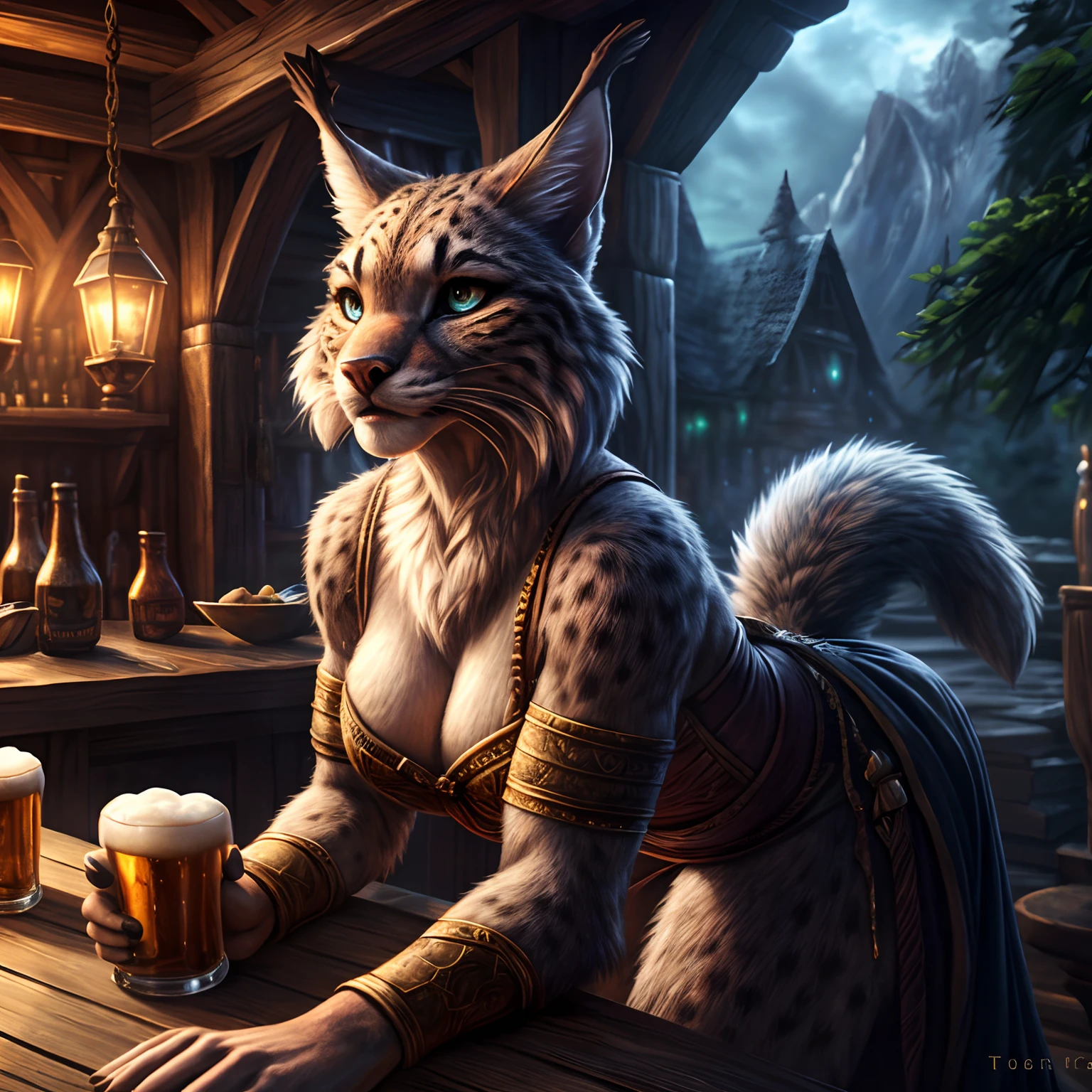 (A woman's face with)beautiful detail eyes, (pa)beautiful detailed lips, (A woman with)Extremely detailed eyes and face, long eyelashes, (The woman) with a seductive fitness body, (a) grey fur, (with) Lynx ears, (em) seductive position, (em) tavern, (wearing) fantasy clothes, (character) holds beer on chest. (Best Quality,4k,8K,hight resolution,Masterpiece:1.2), Ultra-detailed, (Realistic,Photorealistic,photo-realistic:1.37), HDR, UHD, Torchlight, ultra-fine painting, physical based rendering, extreme detail description, Professional, Vivid colors, bokeh, (em) full-length portrait, landscape, photografic, Concept Artists (style of), (with a) vibrant color palette, (pa) soft-lighting.
