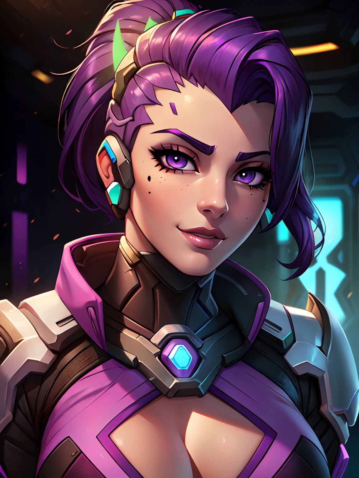 1 girl, (Sombra from overwatch:1.3), purple hair, smirk, 1 mole next to right eye, (8k, RAW photo, best quality, masterpiece:1.2), (realistic, photo-realistic:1.37) ultra-detailed, vivid colors, studio lighting