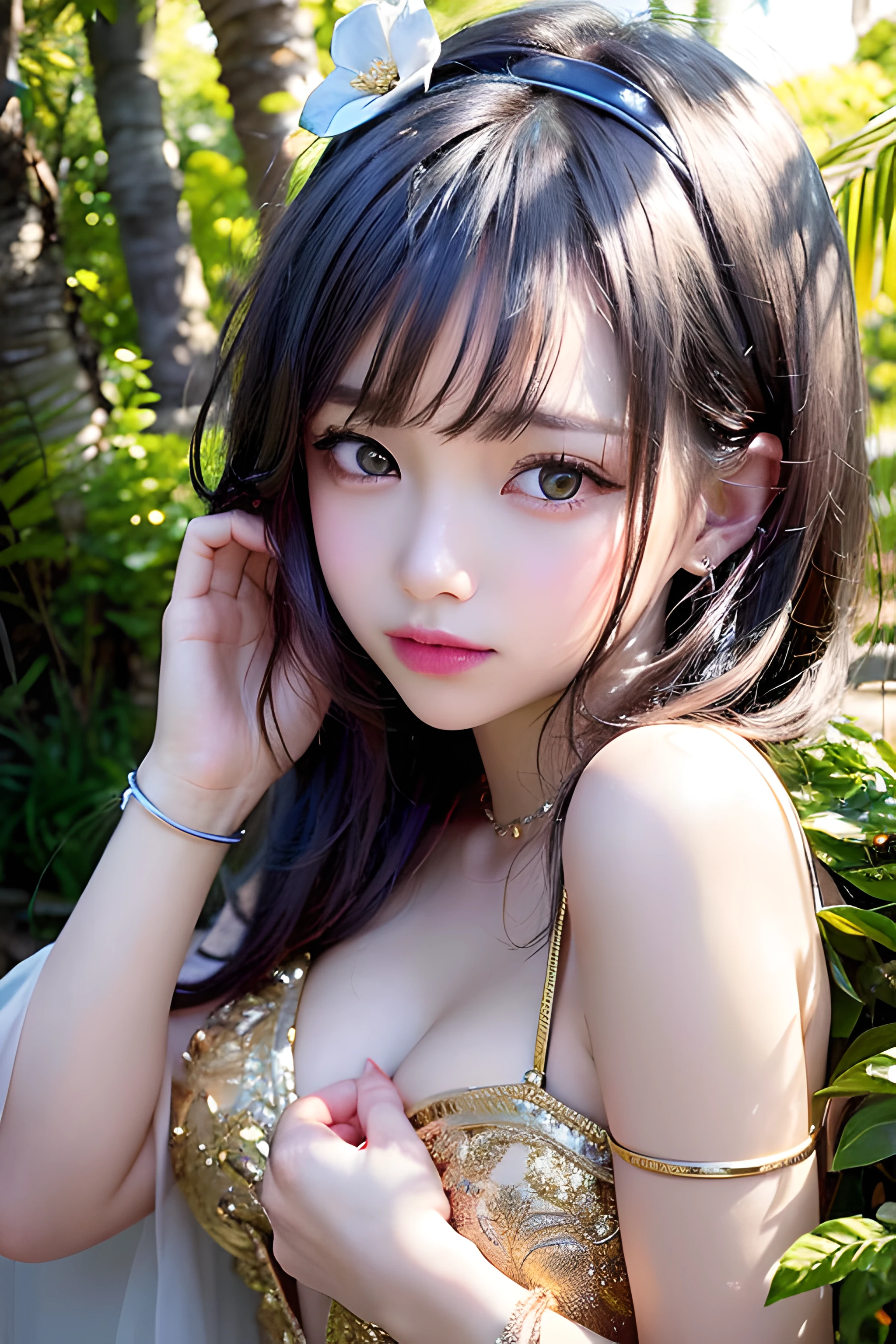 (Only slim shoulder straps, Ultra-low-cut top)( Very close view ) Face view , clothes see-through (((Outdoor paradise)))(Cover your chest with your hands ,Topless)，Head flower decoration, Petals flying in the air ，Pouting slightly，The back exposes bare buttocks，The kinky is exposed，Naked women，Butt up，Hands and feet apart，camel-toe,(Crystal colorful lights),(Turkish Moroccan colored mosaic chandelier)，Adult princess tiara，Soft clouds，((|Cover with a scarf))
（（Masterpiece））,（realisticlying：1.2）,best qualtiy,high high quality,absurderes,rich colourful,stunning art,best qualtiy, ultra - detailed,beautifuldetails， reflective hair,Good lighting, Ray traching， depth of fields,ultra - detailed,illustratio,astounding,finedetail,The is very detailed， （（ultra - detailed））， （Beautiful Meticulous Girl）， Beautiful detail glow， Complicated details， A high resolution， Extremely refined and beautiful,beatiful detailed eyes， hdr， Round eyes, detailedfacialfeatures,（Round pupils：1.4） （illustratio）,（美丽细致的眼睛）（Very very detailed face））， depth of fields,（alluring face）(（ssmile：1.3）)， Smiling lips， （looking at viewert：1.1） closeup cleavage， wide wide shot， Side Body， photore， lewd poses ， Moody light， Sistine Phil Beldev, Smile，（（（Masterpiece，Best quality，A high resolution）））），Extremely detailed 8K，Beautiful girl with busty body，（hyper HD，ultra - detailed，High detail，high realistic，Ultra-realistic，Photo realism）,（1girll：1.5）,（realistic dark hair），Short curly hair，Bob cuts hair，（Dynamic posture），Face the camera,A shallow smile,Open lips，Light blue eyes，Average chest，
（Beautiful and detailed face，Beautiful and delicate eyes），sweat leggs,luminous,（Sunlight，Sunlight）,（Beautiful buttocks 0.5），Color backlight

split, Cover only your chest with your hands，hips bare，earring，Pink sexy yarn,（(Striped underwear、Black openwork underwear、Transparent embroidered tulle underwear set,Gold bracelets，Pink lace gloves)）Lace pantyhose、Lace gloves、Wedding headscarf、pearls necklace,（toppless）(Very small panties)[Place your hands behind your head ]Only the genitals are covered,Moles under eyes, ((Gray-blue hair，Headbands，Headband))，Crystal glowing necklace