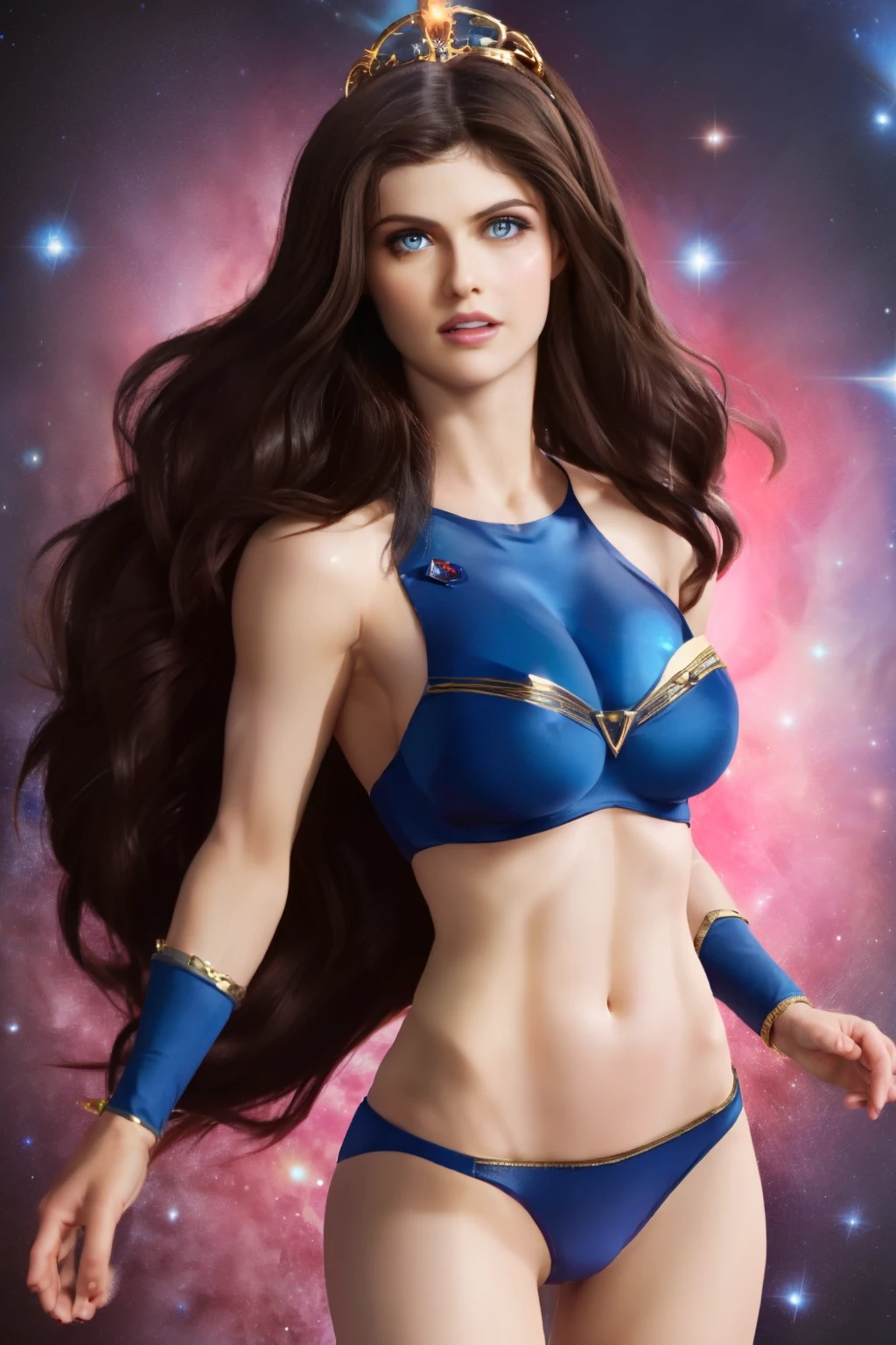 ( Masterpiece, 4k resolution, ultra-realistic, very detailed) Sexy star sapphire cosmic super heroine (wears a tiara/headband) photography by artgerm, in the style of realism, glistening skin, cartooncore, mangacore, natural lighting, Defined full lips. Muscular fitness feminine body (In space)