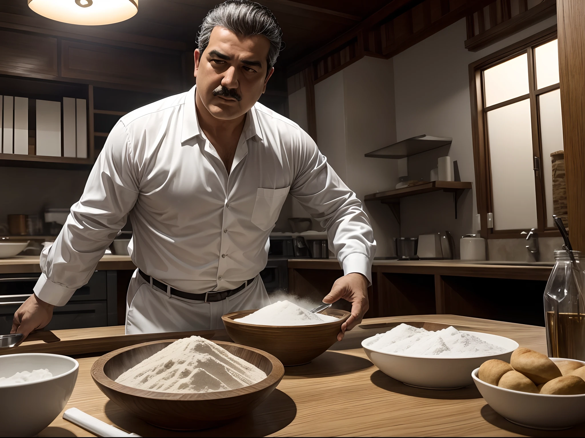 (8K, Award-winning, Highest Quality, High resolution, Ultra-detailed, Anatomically correct, Intricate details), 电影灯光,Bread factory, White powder in a bowl, Jubilant drug trafficker Pablo Escobar, Lightweight spoon, Drug cartel hideout,A scene from the drama、White powder packed in transparent plastic bag、Balance、Gang work