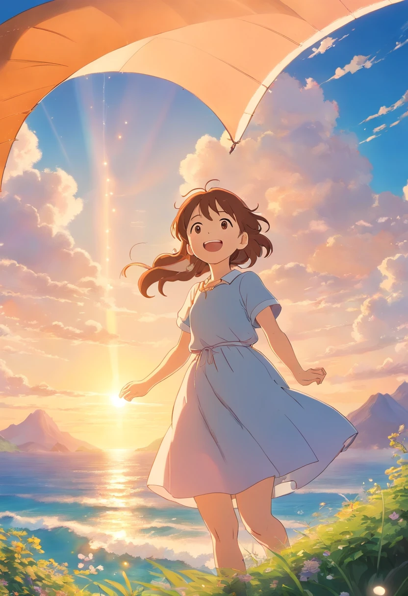 masterpiece、top-quality、Movie stills、1girl in、Seagirl、floating in sky、a closeup、发光、Happiness、Warm and soft lighting、the morning sun、(Spark:0.7)