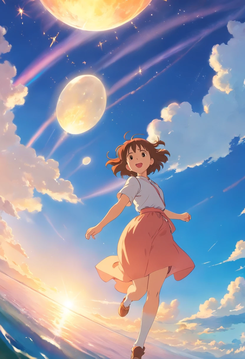masterpiece、top-quality、Movie stills、1girl in、Seagirl、floating in sky、a closeup、发光、Happiness、Warm and soft lighting、the morning sun、(Spark:0.7)