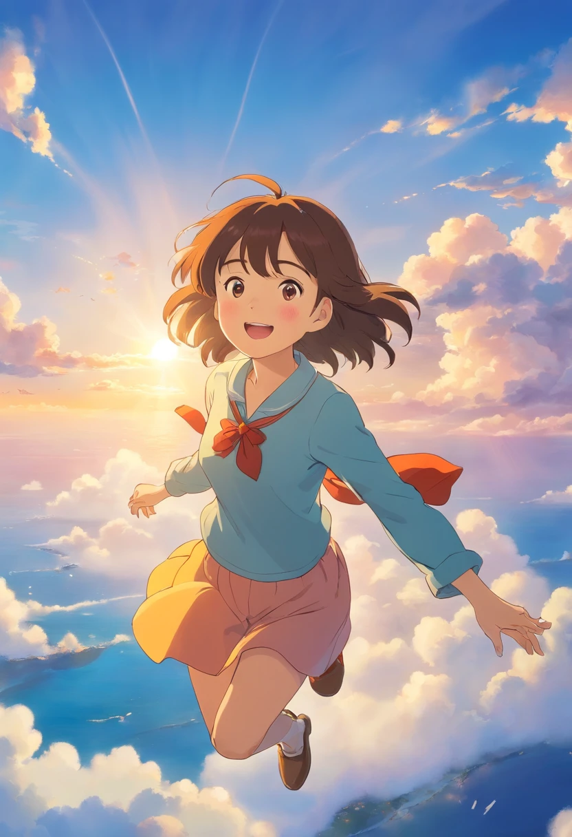 masterpiece、top-quality、Movie stills、1girl in、Seagirl、floating in sky、a closeup、发光、Happiness、Warm and soft lighting、the morning sun、(Spark:0.7)