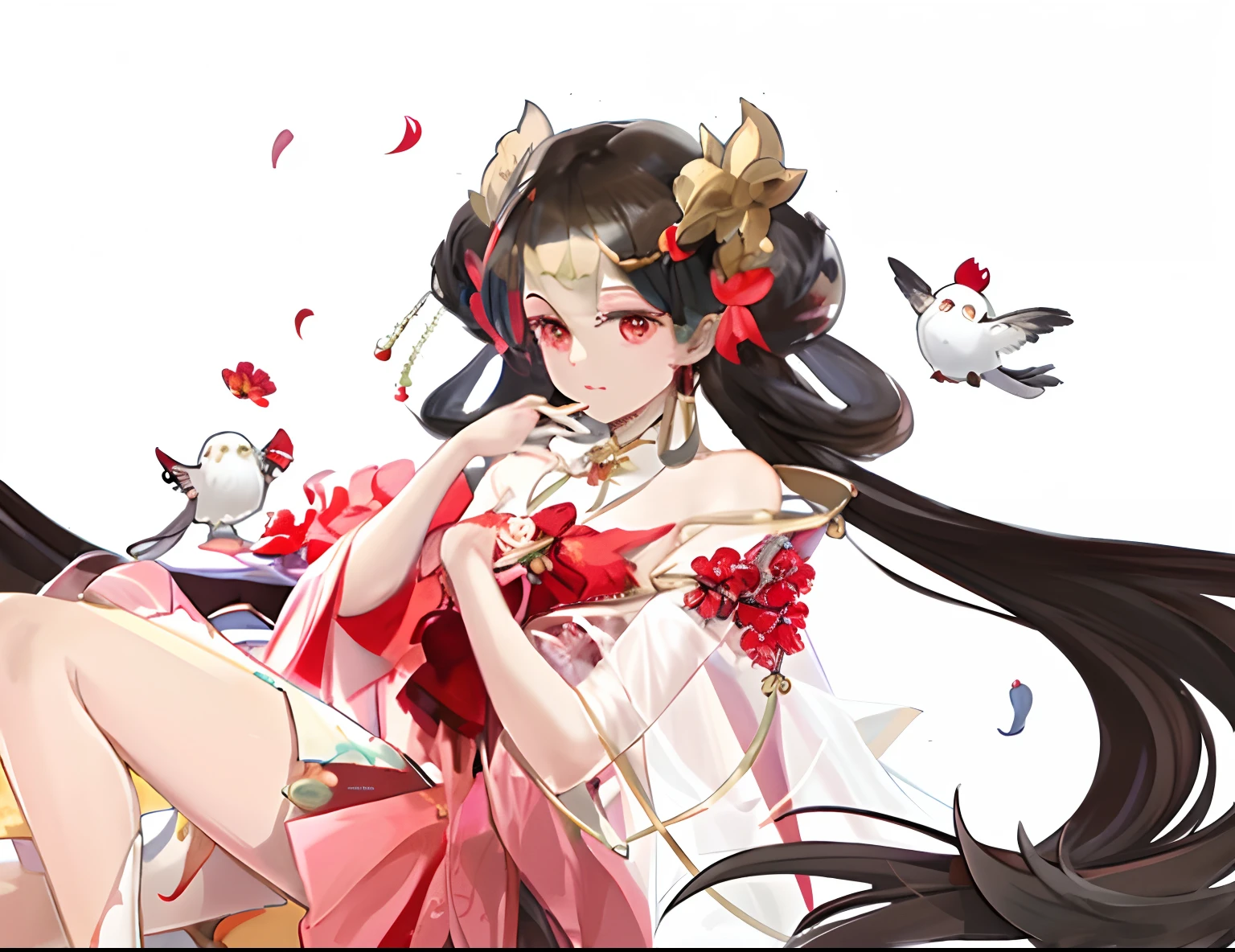 anime girl with long hair and red dress sitting on a bed, Guviz, Official artwork, Guviz-style artwork, trending on cgstation, onmyoji, Digital anime illustration, Digital art on Pixiv, Onmyoji detailed art, Kawasi, Pixiv style, high detailed official artwork, onmyoji portrait