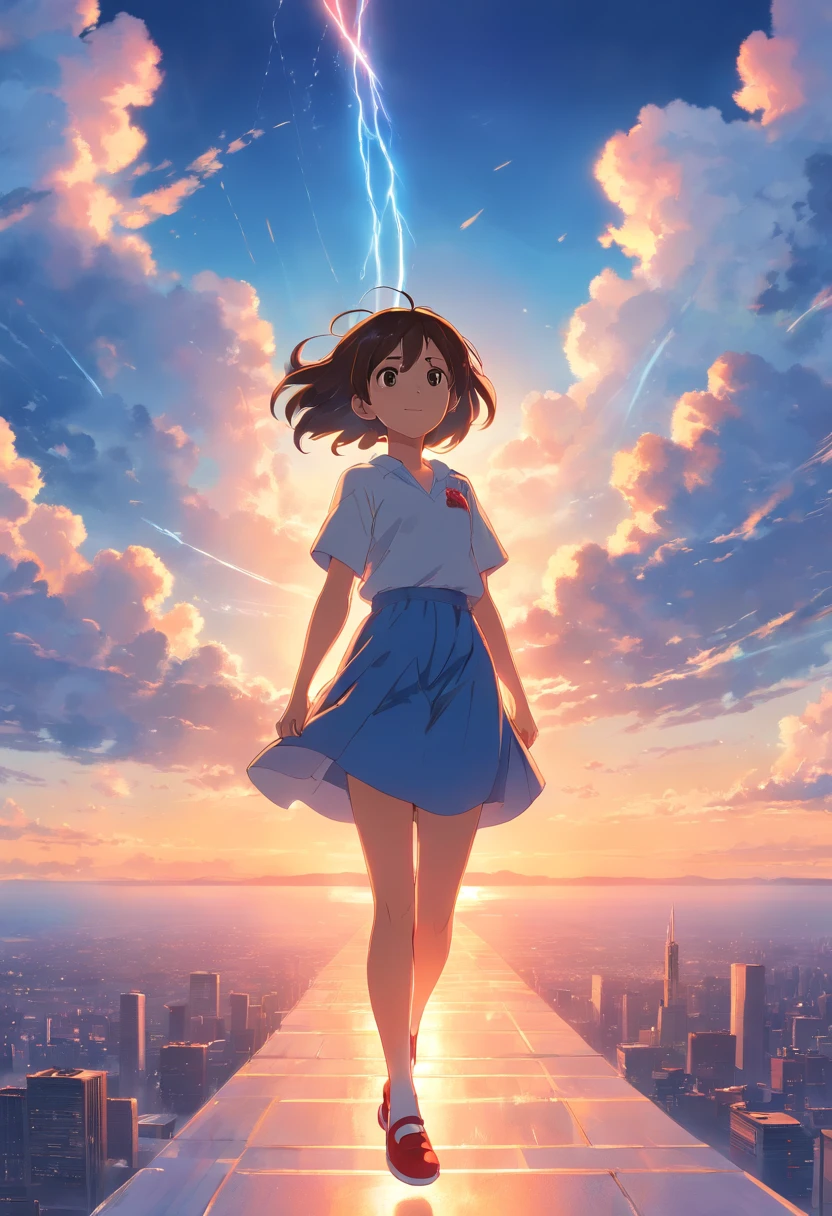 masterpiece, best quality, movie still, 1girl, cloud girl, floating in the sky, close-up, bright, happy, warm soft lighting, sunset, (sparks:0.7) spiderman