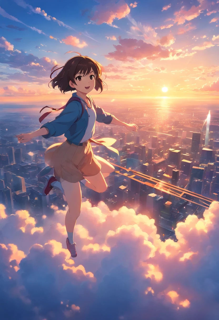 masterpiece, best quality, movie still, 1girl, cloud girl, floating in the sky, close-up, bright, happy, warm soft lighting, sunset, (sparks:0.7) spiderman