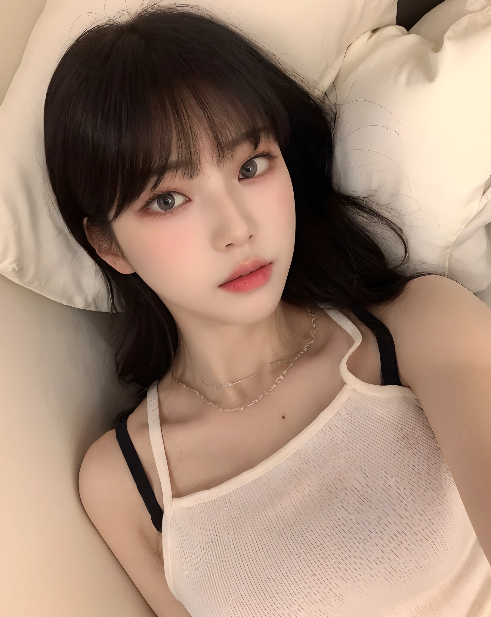 ((of the highest quality, 8K, masutepiece: 1.3)), Beauty, Hidden Face, 1 girl, Beauty: 1.3, Slender Abs: 1.1, Long Black Hair, (sitting on a bed), Ultra-detailed face, very detailed lips, Detailed eyes, Double eyelids,flushed complexion,