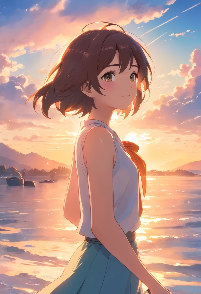 masterpiece、top-quality、Movie stills、1girl、Cloud Girl、floating in sky、a closeup、发光、happiness、Warm soft lighting、the setting sun、(Spark:0.7), Woman with a Gun,s girl,barechested,fullnude