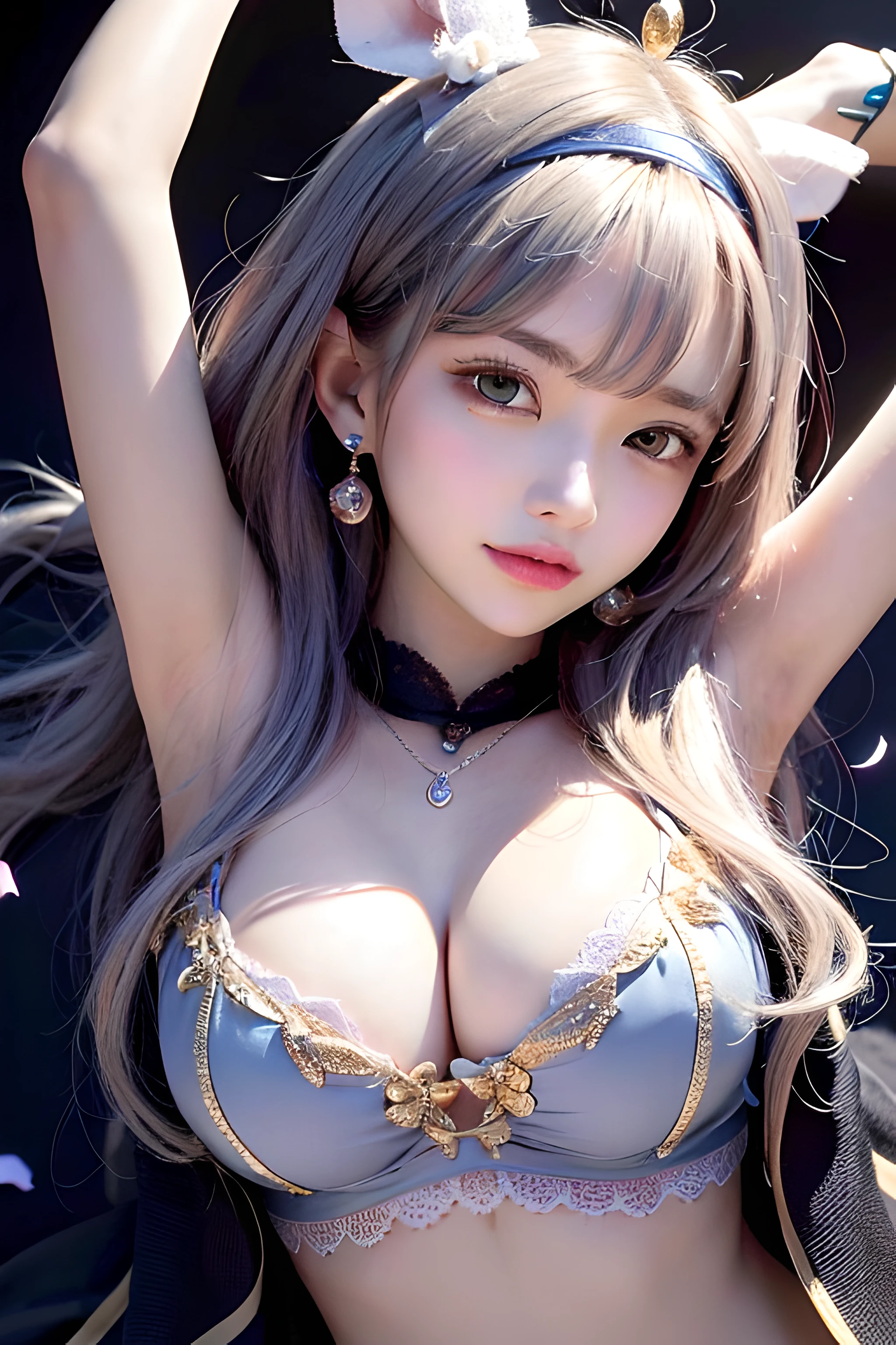(Only slim shoulder straps, Ultra-low-cut top)( Very close view ) Face view , clothes see-through (((Outdoor paradise)))(Cover your chest with your hands ,Topless)，Head flower decoration, Petals flying in the air ，Pouting slightly，The back exposes bare buttocks，The kinky is exposed，Naked women，Butt up，Hands and feet apart，camel-toe,(Crystal colorful lights),(Turkish Moroccan colored mosaic chandelier)，Adult princess tiara，Soft clouds，((|Cover with a scarf))
（（Masterpiece））,（realisticlying：1.2）,best qualtiy,high high quality,absurderes,rich colourful,stunning art,best qualtiy, ultra - detailed,beautifuldetails， reflective hair,Good lighting, Ray traching， depth of fields,ultra - detailed,illustratio,astounding,finedetail,The is very detailed， （（ultra - detailed））， （Beautiful Meticulous Girl）， Beautiful detail glow， Complicated details， A high resolution， Extremely refined and beautiful,beatiful detailed eyes， hdr， Round eyes, detailedfacialfeatures,（Round pupils：1.4） （illustratio）,（美丽细致的眼睛）（Very very detailed face））， depth of fields,（alluring face）(（ssmile：1.3）)， Smiling lips， （looking at viewert：1.1） closeup cleavage， wide wide shot， Side Body， photore， lewd poses ， Moody light， Sistine Phil Beldev, Smile，（（（Masterpiece，Best quality，A high resolution）））），Extremely detailed 8K，Beautiful girl with busty body，（hyper HD，ultra - detailed，High detail，high realistic，Ultra-realistic，Photo realism）,（1girll：1.5）,（realistic dark hair），Short curly hair，Bob cuts hair，（Dynamic posture），Face the camera,A shallow smile,Open lips，Light blue eyes，Average chest，
（Beautiful and detailed face，Beautiful and delicate eyes），sweat leggs,luminous,（Sunlight，Sunlight）,（Beautiful buttocks 0.5），Color backlight

split, Cover your chest with only your hands，hips bare，earring，Pink sexy yarn,（(Striped underwear、Black openwork underwear、Transparent embroidered tulle underwear set,Gold bracelets，Pink lace gloves)）Lace pantyhose、Lace gloves、Wedding headscarf、pearls necklace,（toppless）(Very small panties)[Place your hands behind your head ]Only the genitals are covered,Moles under eyes, ((Gray-blue hair，Headbands，Headband))，Crystal glowing necklace