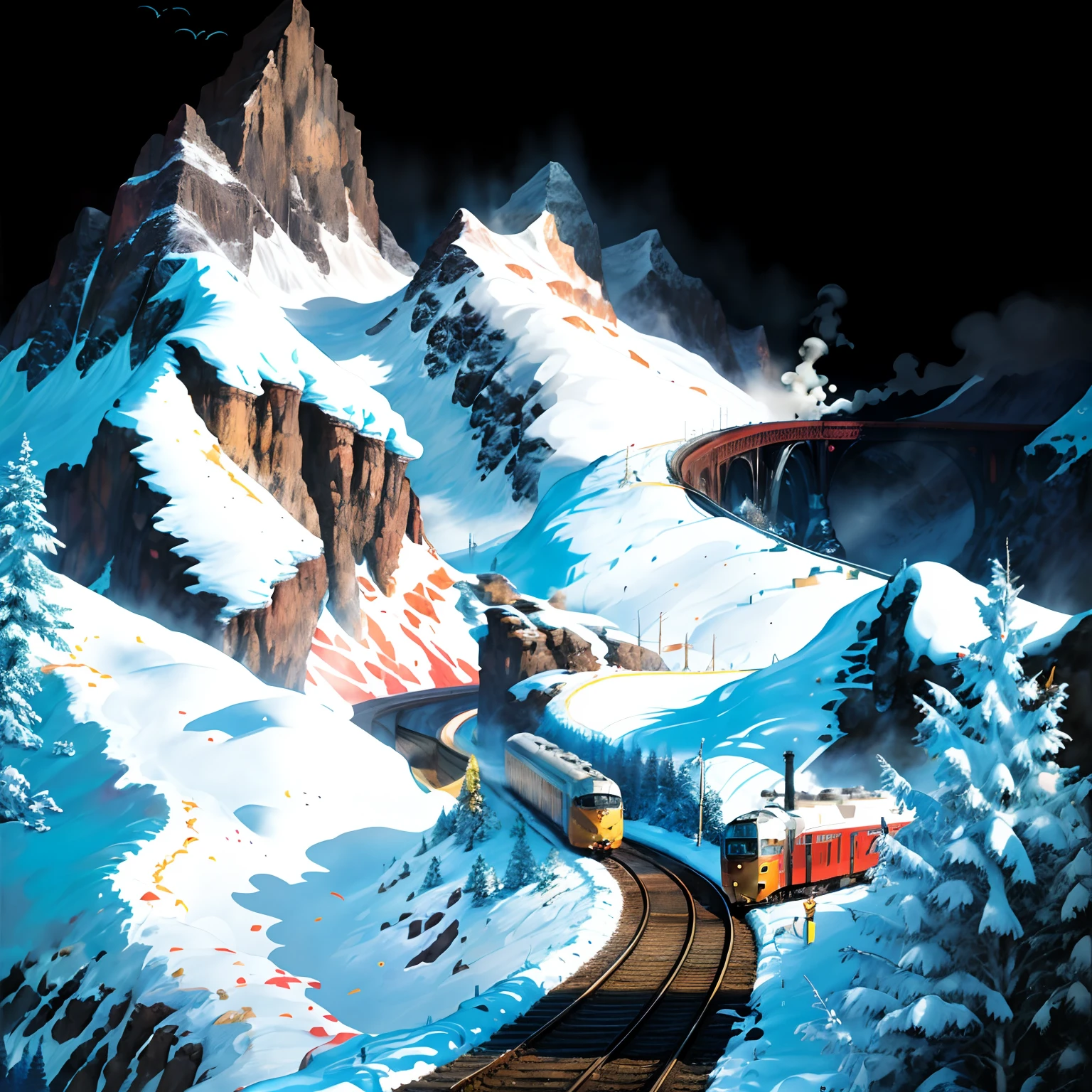 there is a train that is going down the tracks in the mountains, travel poster, traveling through the mountains, by Lubin Baugin, martin ansin, by Karl Stauffer-Bern, illustration!, by Maurice Braun, by André Beauneveu, poster vintage, james gilleard artwork, mountain pass, beautiful retro art, inspired by James Gilleard, retro poster, use a simple faded color pallette
