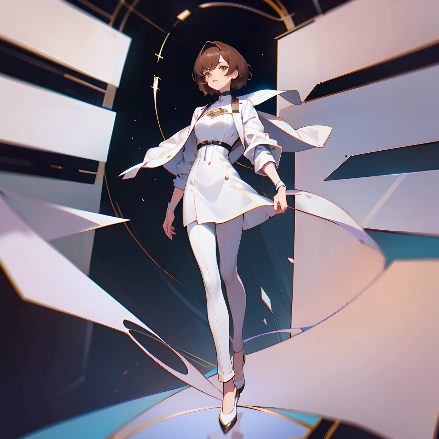 brunette color hair，the doctor，femele，Full body photo，Manteau blanc