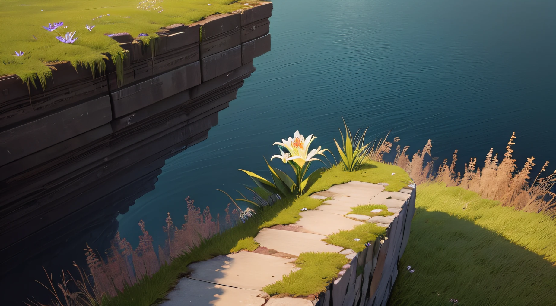 A lily blooms on the edge of the cliff，The surroundings are overgrown with weeds