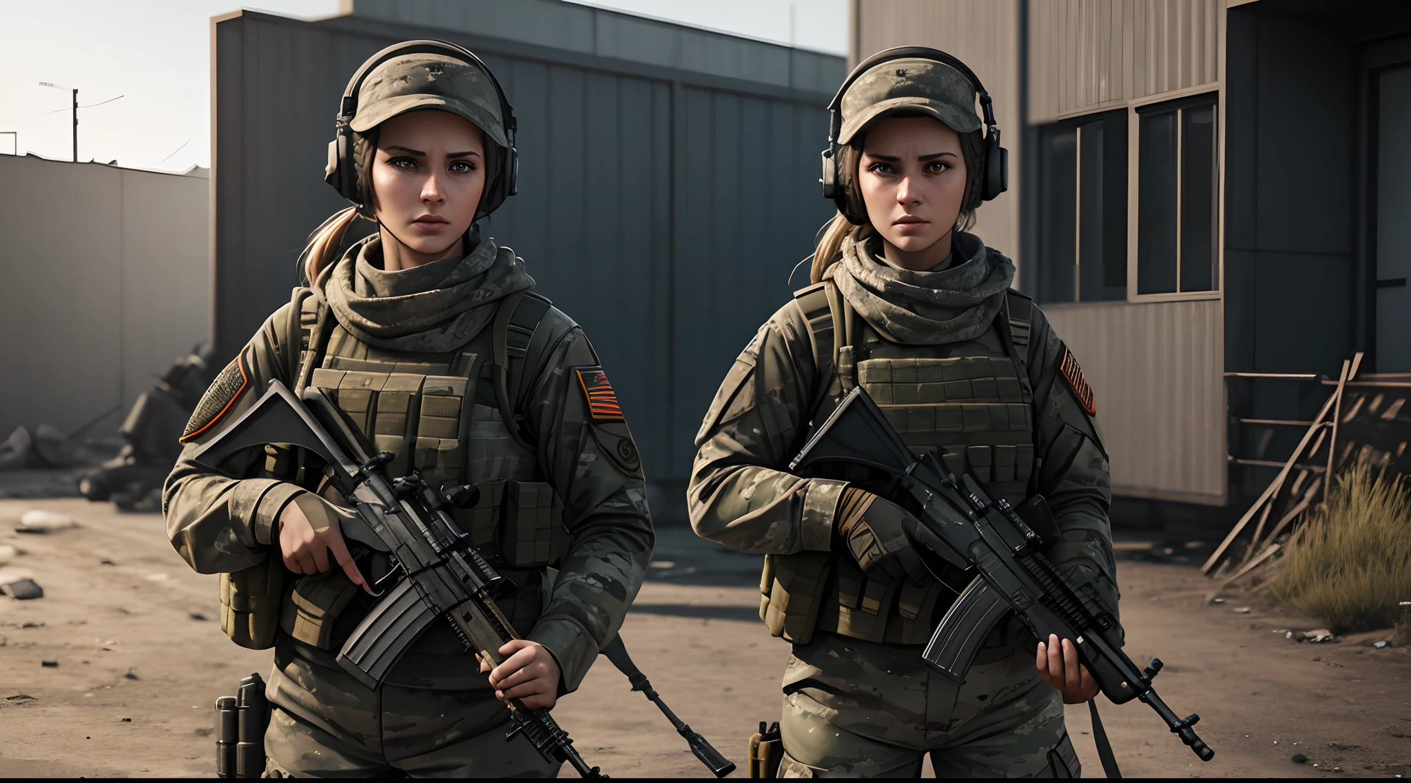 Arafad image of a woman with a rifle and headphones, （Tarkov）, Game CG, realistic soldiers, Personagem pequeno. Unreal Engine 5, concept art like ernest khalimov, Escape from Tarkov, soldier outfit, in game capture 3d render, soldier, cinematic full character
