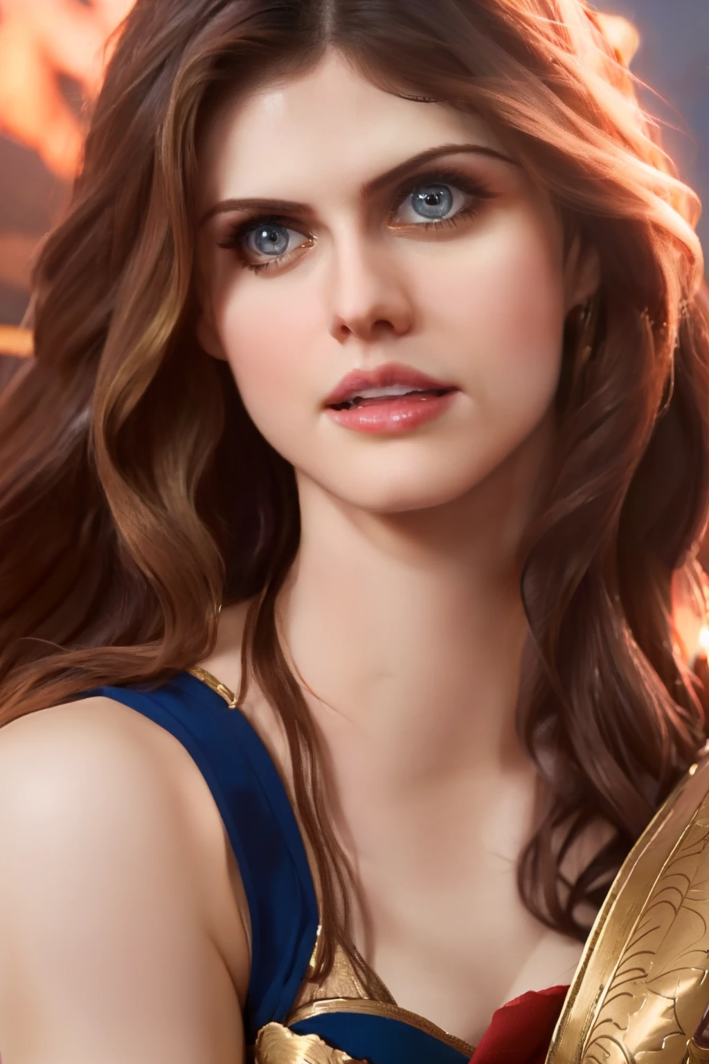 ( Masterpiece, 4k resolution, ultra-realistic, very detailed) Sexy alexandra daddario as a goddess photography by artgerm, in the style of realism, glistening skin,  natural lighting, Defined full lips. Muscular fitness feminine body (In space)